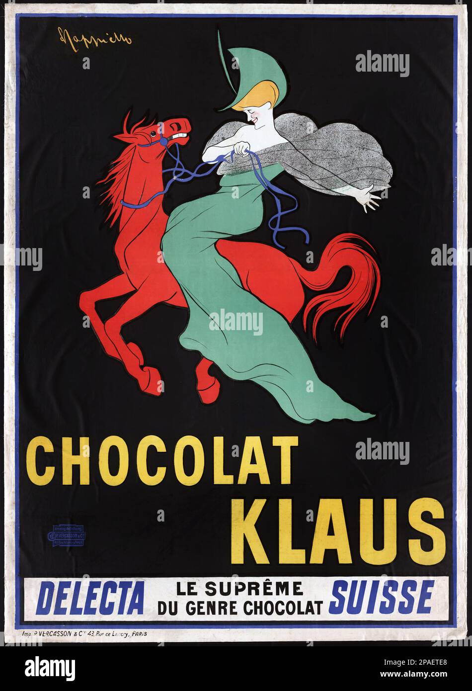 1900 , Paris , FRANCE  : The CHOCOLAT Suisse KLAUS DELECTA  , poster advertising by the celebrated illustrator painter  LEONETTO CAPPIELLO ( 1875 - 1942 ) - FOTO STORICHE - HISTORY - ARTS - ARTE - PITTURA  - PITTORE - artist - artista - portrait - ritratto - BELLE EPOQUE  - litografia - manifesto pubblicitario - pubblicity - pubblicita' - cioccolato - cioccolata - dolci - dolciumi  - gastronomia  - ILLUSTRATORE - ILLUSTRAZIONE - red horse - cavallo   ----      ARCHIVIO GBB Stock Photo
