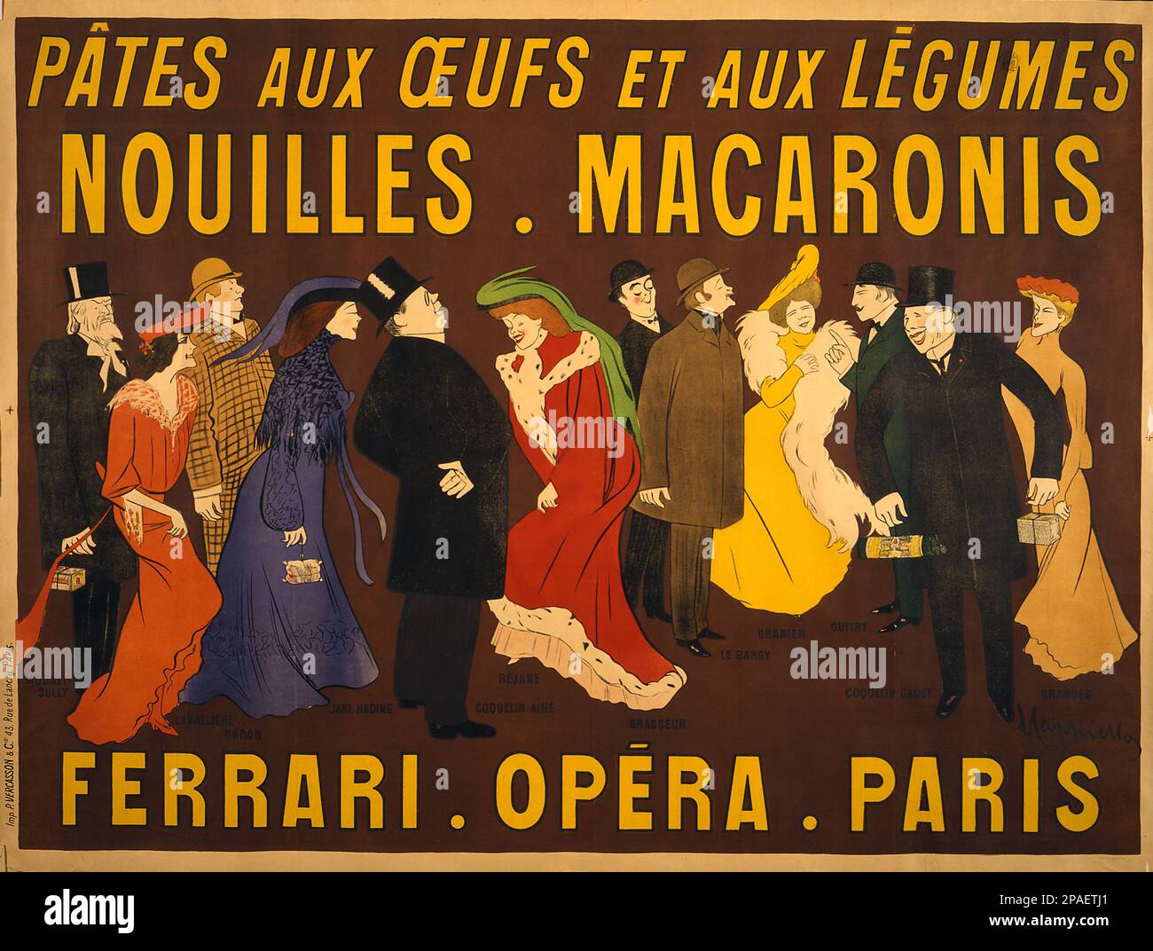 1901 , Paris , FRANCE  : The PATES AUX OEUFS ET AUX LEGUMES NOUILLES MACARONIS by FERRARI at OPERA in PARIS  , poster advertising by the celebrated illustrator painter  LEONETTO CAPPIELLO ( 1875 - 1942 )  for pasta and spaghetti factory in Paris . In this poster figure the portraits of most celebrated BELLE EPOQUES figures of THEATRE world : MOUNET-SULLY , Eva LA VALLIERE , BARON , JANE HADING , COQUELIN AINE' , REJANE , BRASSEUR , LE GARCY , JEANNE GRANIER , SACHA GUITRY , COQUELIN CADET and BRANDES - FOTO STORICHE - HISTORY - ARTS - ARTE - PITTURA  - PITTORE - artist - artista - portrait - r Stock Photo