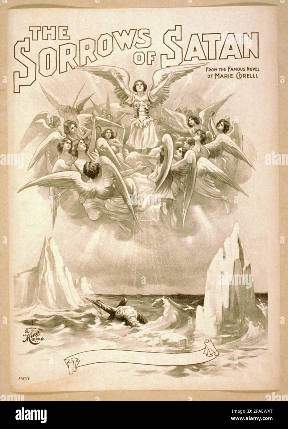 1900 ca , USA : The SORROW OF SATAN , a theater play from a novel by woman writer MARIE CORELLI ( 1855 - 1924 ).  -  TEATRO - THEATRE - THEATER - locandina - poster advertising - pubblicita' - SCRITTRICE - SCRITTORE - LETTERATURA - LITERATURE - letterato - triller - pulp fiction - HORROR - orrore  - GOTICO - GOTHIC  - BELLE EPOQUE - angels - angelo - angeli - naufragio  ----     GBB Stock Photo