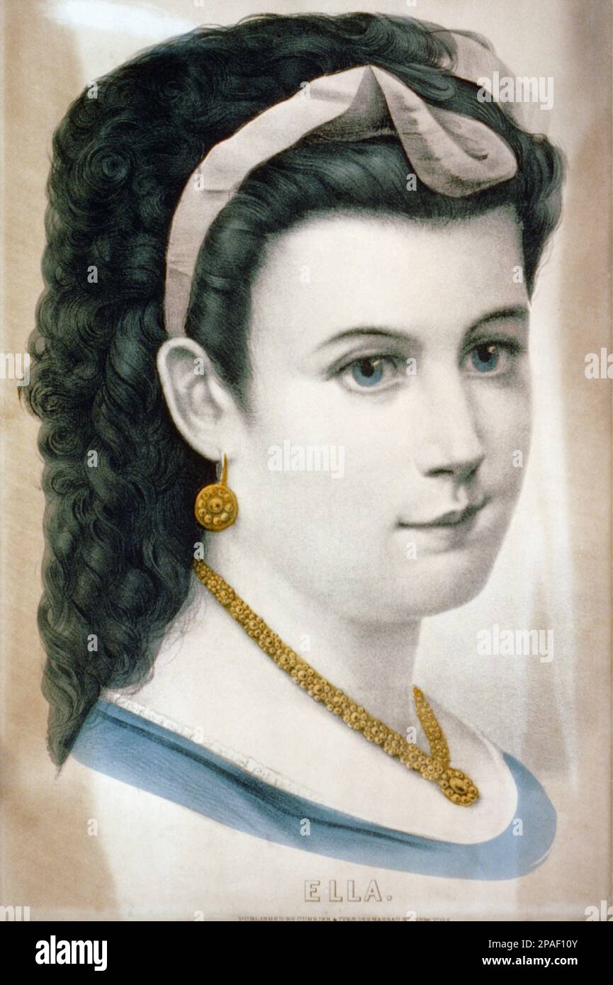 The american dramatic theatre actress  ELLA DIETZ  , portrait for a popular print of XIX Century by Currier and Ives , New York  - attrice - TEATRO - THEATER - DIVA - DIVINA - VAMP - golden chaine - necklace - collana d' oro - gold - earsdrops - earrings - orecchino - orecchini - DEITZ  ----      ARCHIVIO GBB Stock Photo