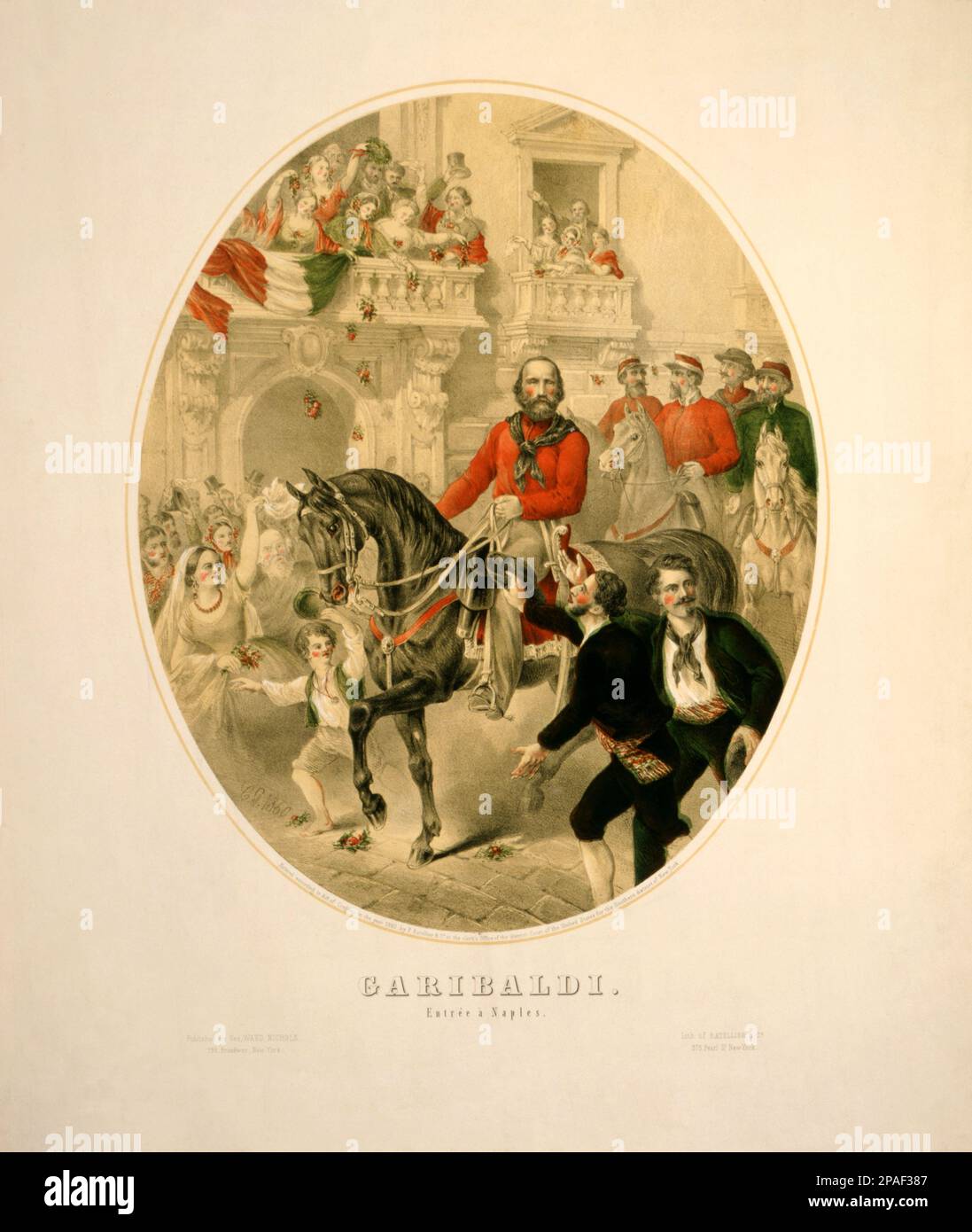 1860 , NAPLES ,  ITALY : The italian politician GIUSEPPE GARIBALDI ( Nizza 1807 - Caprera 1882 ) enter in NAPOLI , Italy . Engraving by Ratellier and George Ward Nichols publishing , New York , USA .- POLITICO - POLITICA - POLITIC  - Unita' d' ITALIA - Risorgimento  - foto storiche - foto storica - HISTORY - incisione - portrait - ritratto - beard - barba - Naples  - horse - cavallo - ingresso trionfale ----      ARCHIVIO GBB Stock Photo