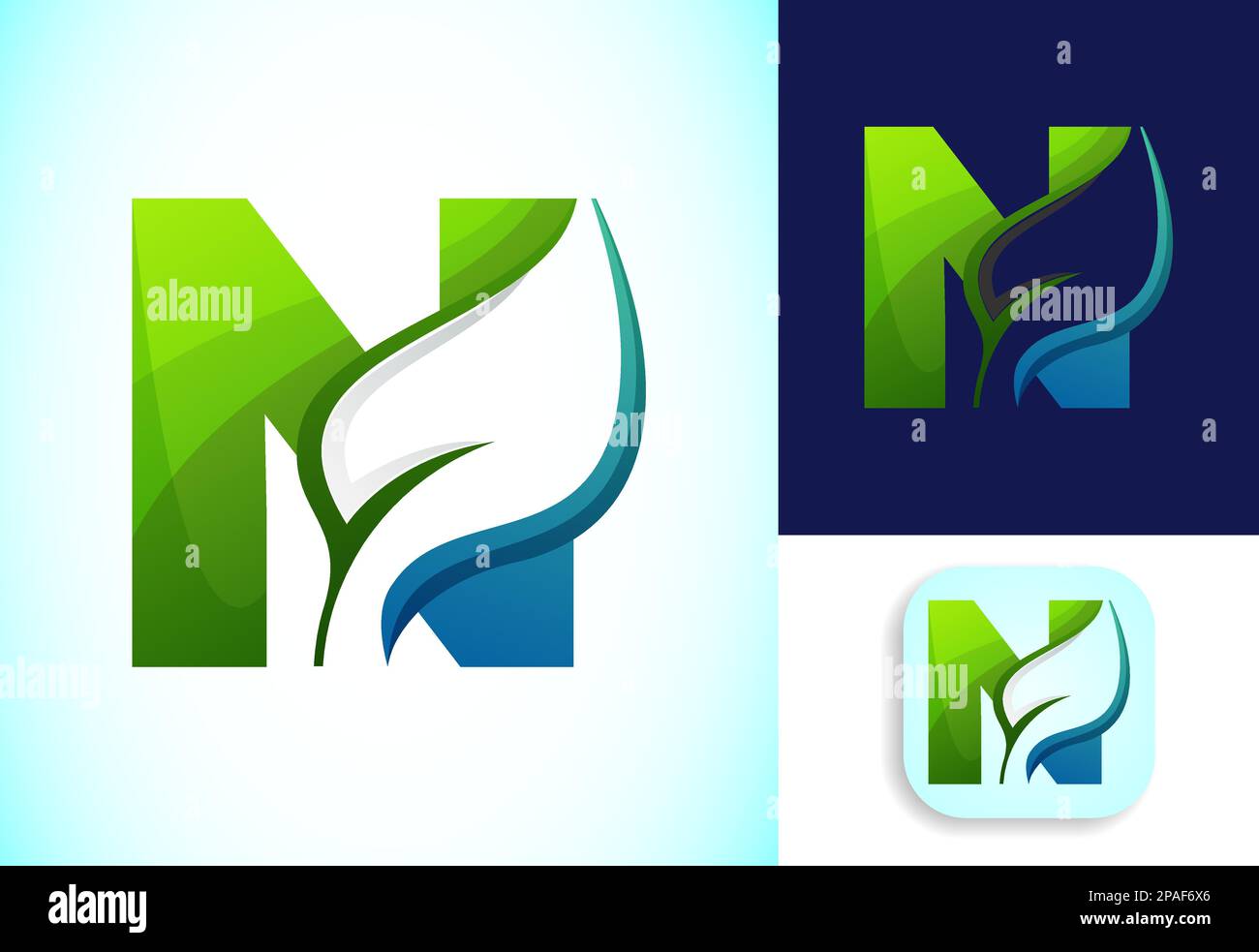 Letter N with negative space leaf logo vector template. Gradient logo ...