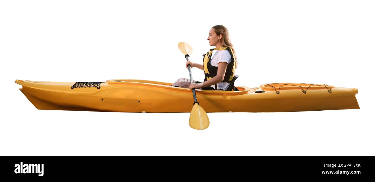 Beautiful young woman with paddle in kayak on white background Stock Photo