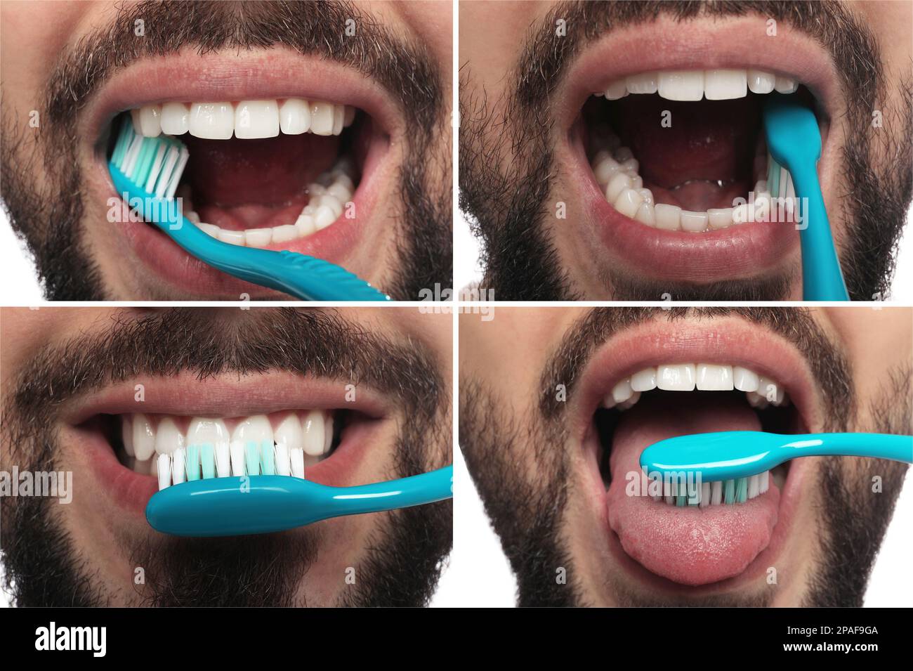 Collage with photos of man brushing teeth on white background, closeup. Dental care, step by