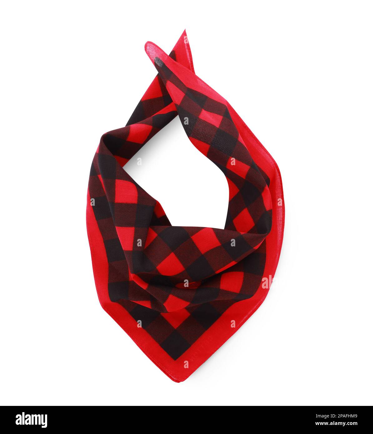 Folded red bandana with check pattern isolated on white, top view Stock Photo