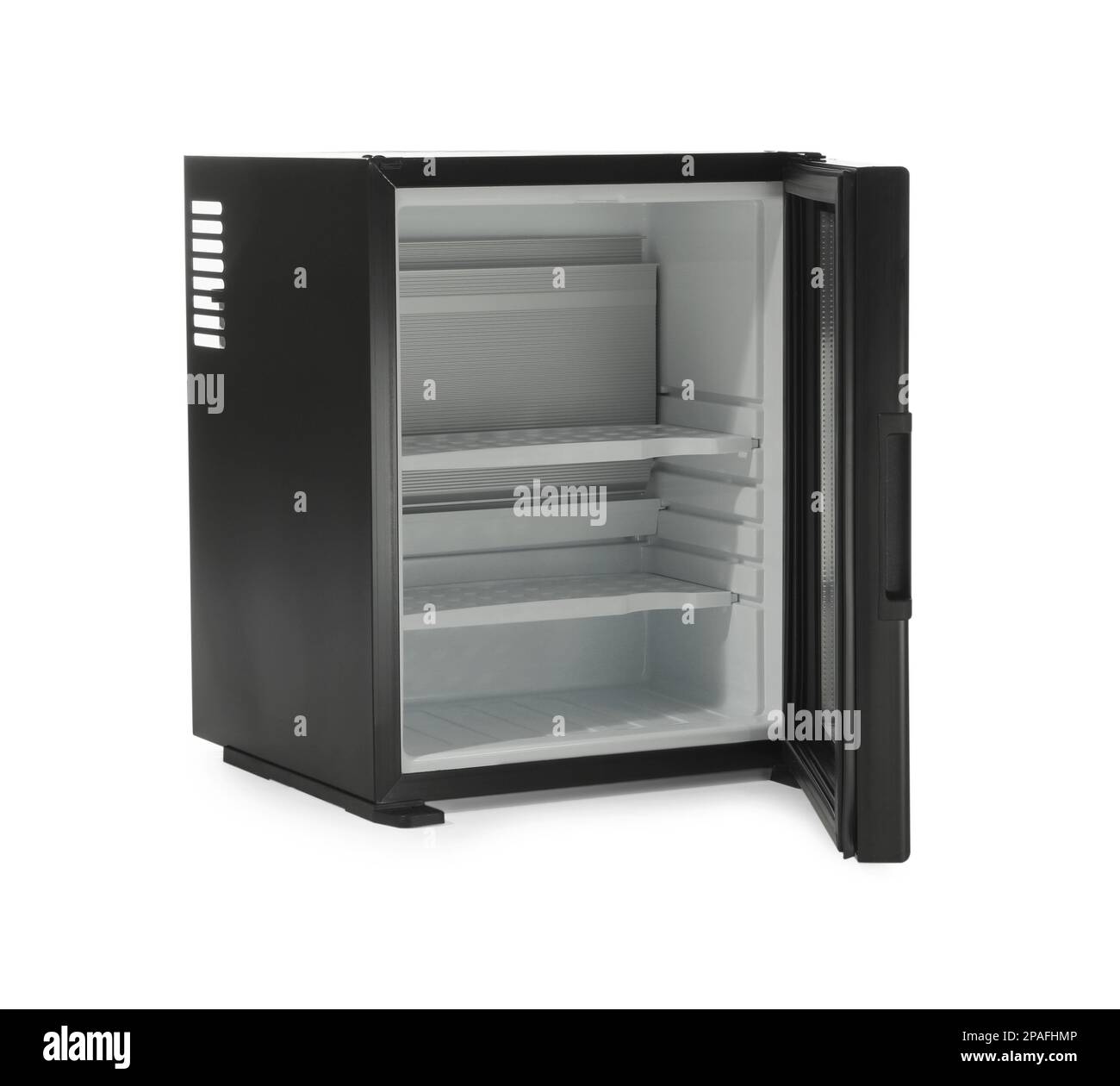 Empty mini bar with open glass door isolated on white Stock Photo - Alamy