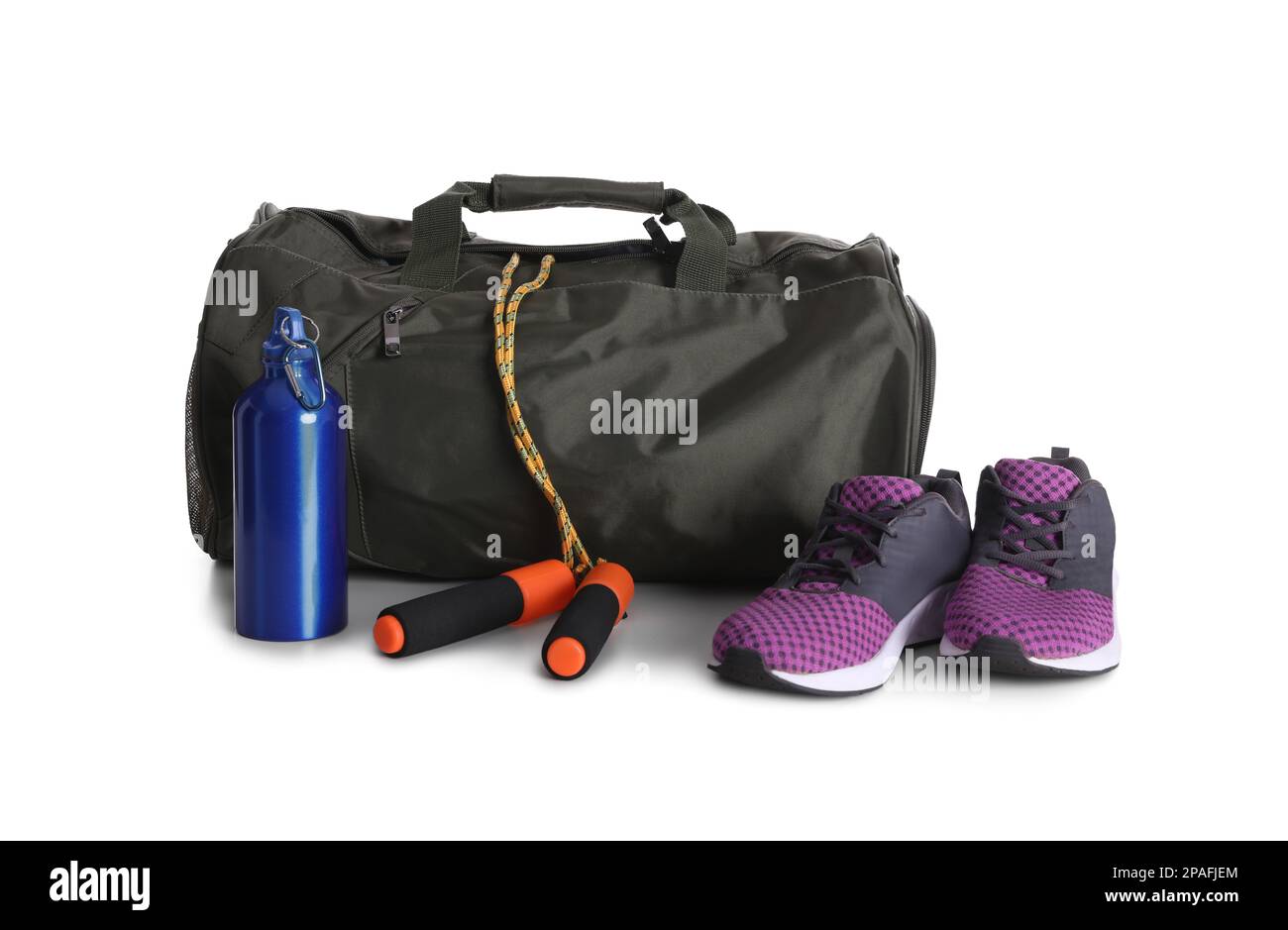 Sports bag and gym equipment on white background Stock Photo - Alamy