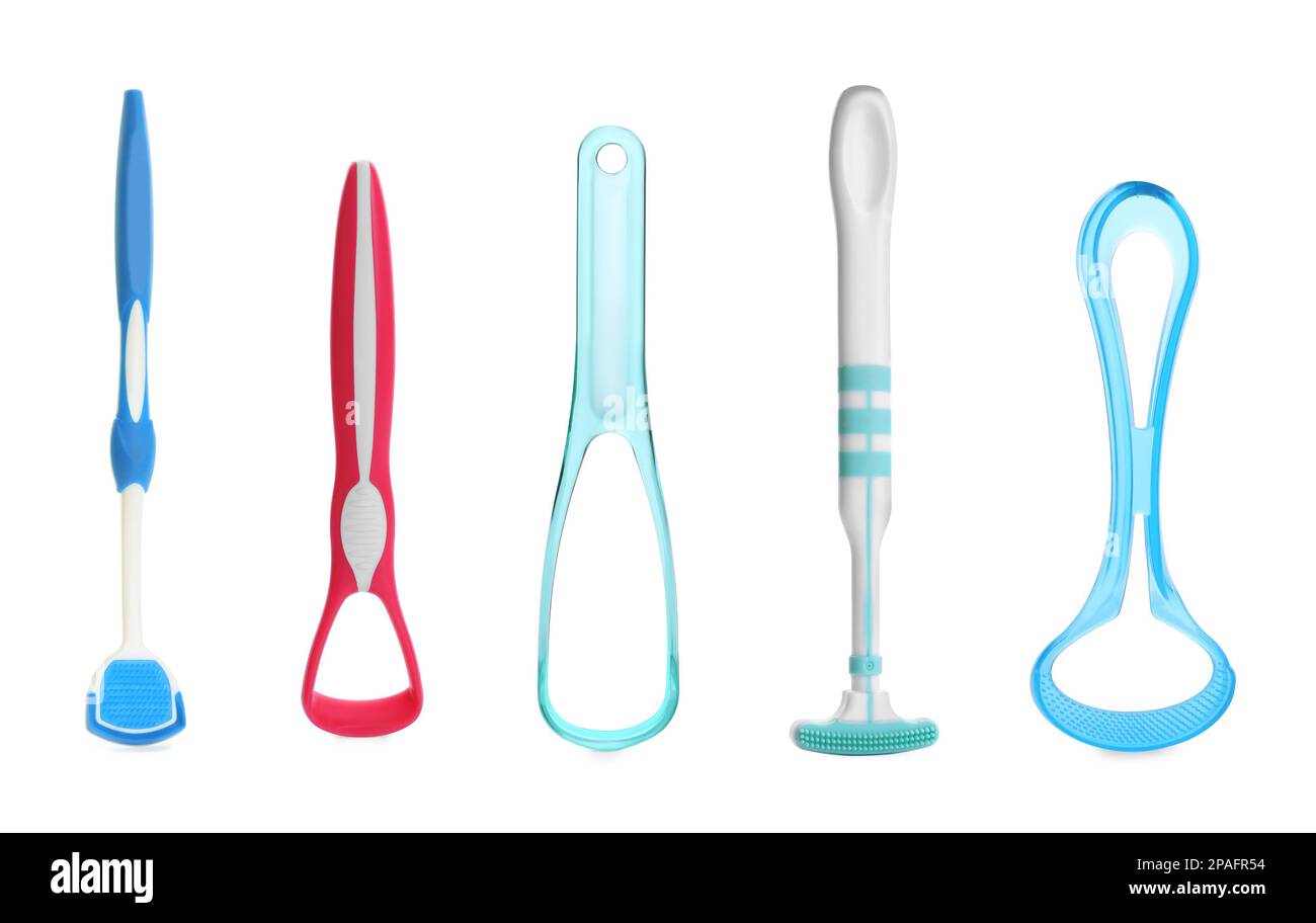 Set with different tongue scrapers on white background. Dental care