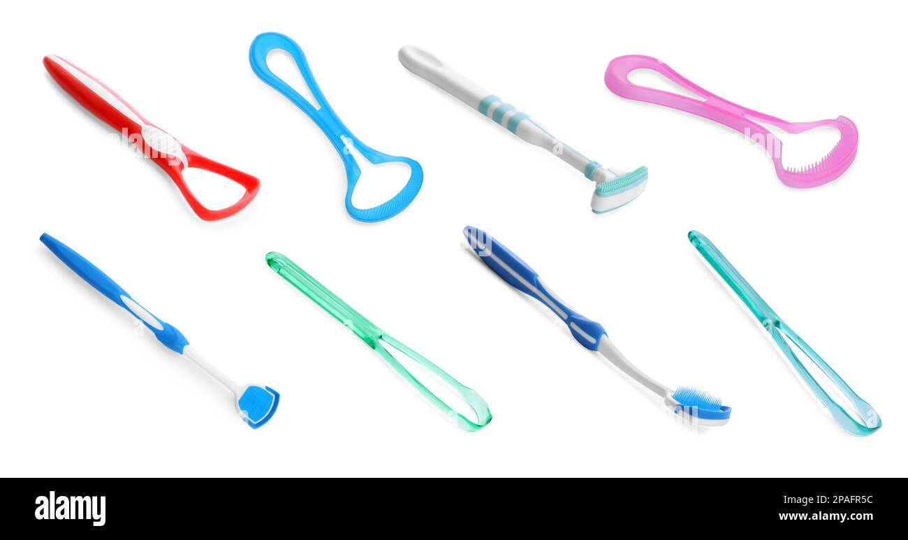 Set with different tongue scrapers on white background. Dental care