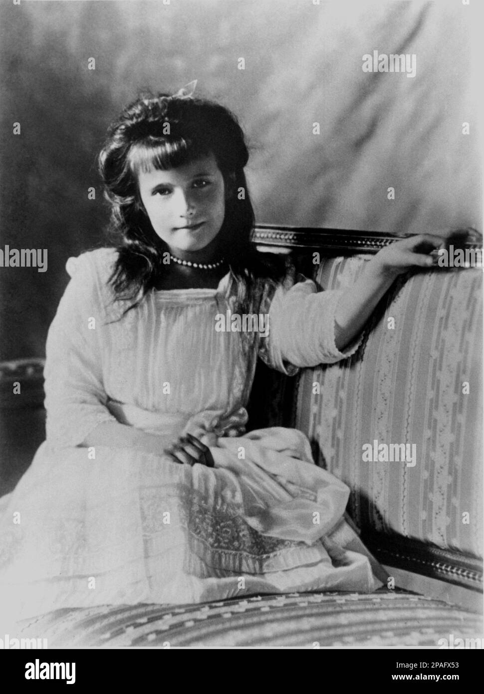 1911 ca : The russian Her Imperial Highness Grand Duchess  ANASTASIA  ROMANOV ( 1901 - 1918 ) ,the youngest  daughter  of Tsar Nicholas II of Russia and Alexandra Fyodorovna . She is presumed to have been murdered with her family on July 17, 1918, by forces of the Bolshevik secret police. However, rumors have persisted of her possible escape since 1918, fueled by reports that two sets of remains, identified as Alexei Nikolaevich, Tsarevich of Russia, and either Anastasia or her elder sister Maria, were missing from a mass grave found near Ekaterinburg and later identified through DNA testing a Stock Photo