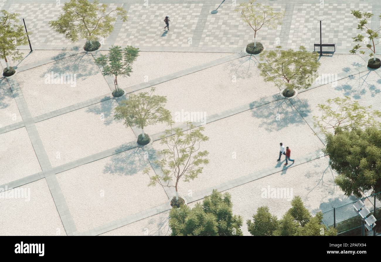 Drone view of an urban landscaped garden in Dubai, with limestone