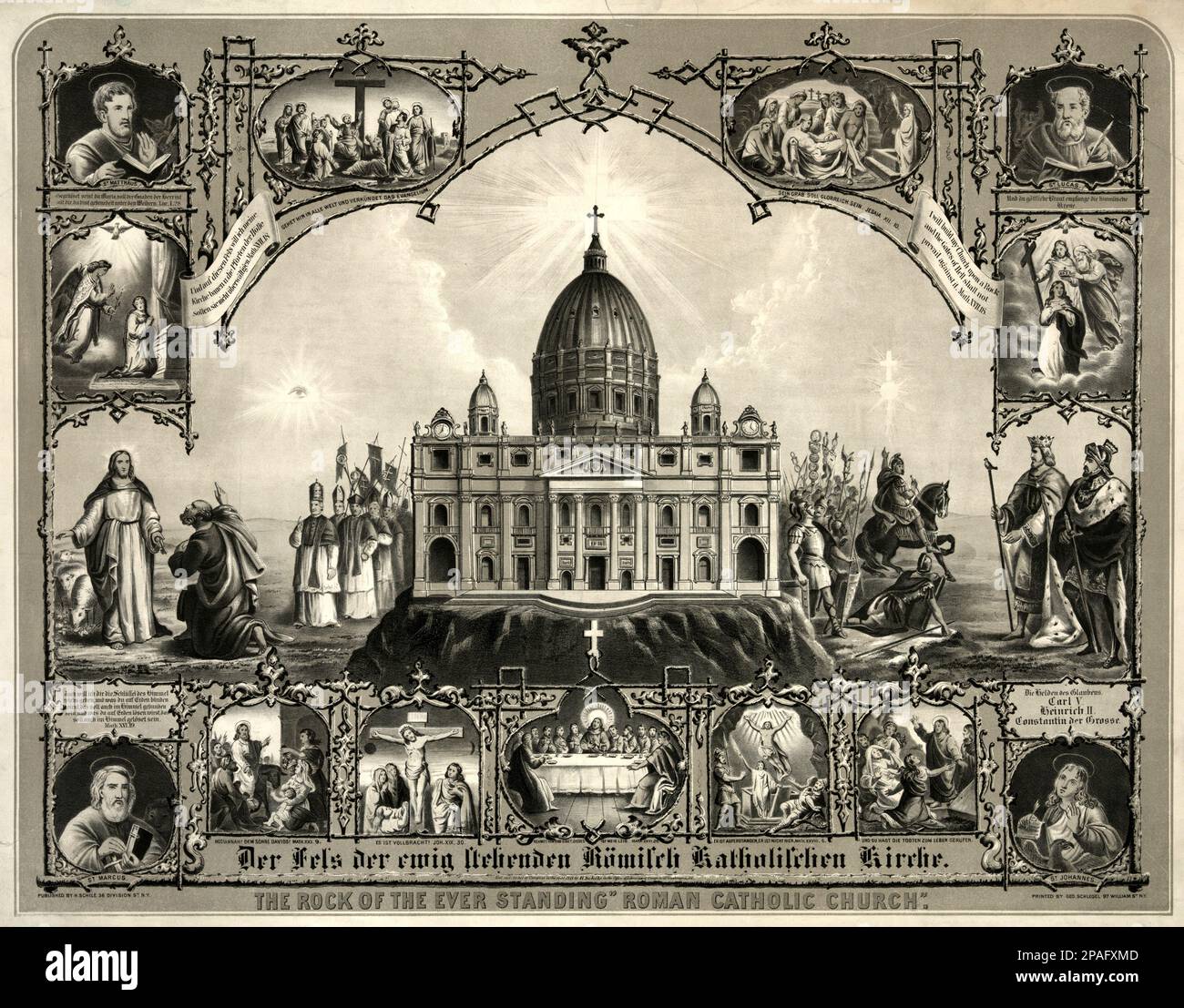 1871 , USA  : The rock of the ever standing Roman Catholic Church . American popular  print with the SAINT PETER chatthedral in Rome with all the defensor of Roman Catholic church , the life of Jesus Christ and the four Evangelists ( Lucas , Matthew , Marcus and Johannes ), Constaintin the Great , Carl V , Heinrich II , Saint Peter and the Pope Pious IX   - IMMAGINE SACRA - POPOLARE - RELIGIONE - VERGINE MARIA  - RELIGIONE CATTOLICA - CATHOLIC RELIGION - portrait - ritratto - illustrazione - incisione  - Oleografia popolare - Apostoli : San Luca , San Marco , San Matteo e San Giovanni - Pio IX Stock Photo