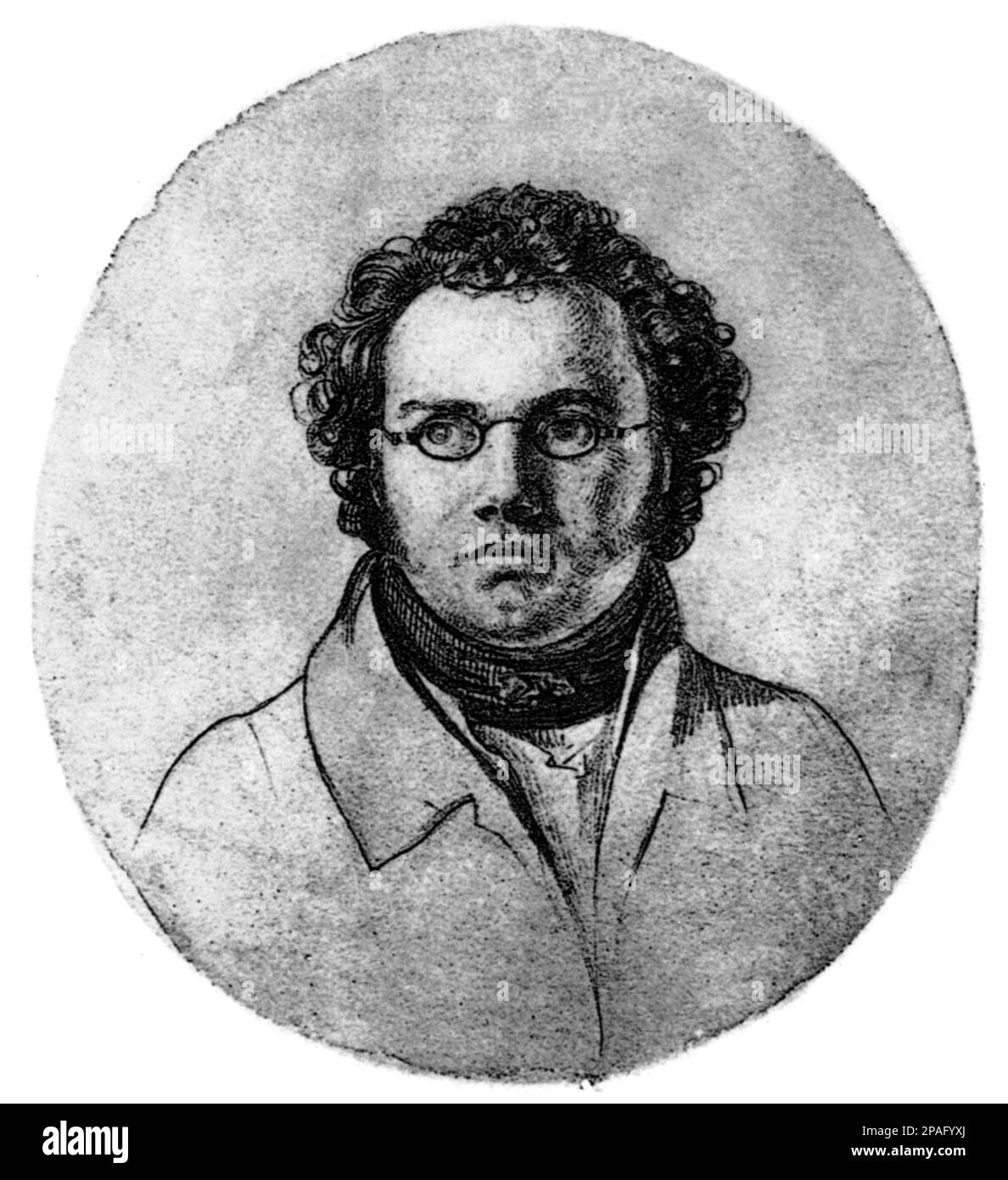 The celebrated austrian music composer FRANZ SCHUBERT ( 1797 - 1828  ). Portrait by Leopold Kuperwieser - MUSICA CLASSICA - CLASSICAL - COMPOSITORE - MUSICISTA - portrait - ritratto  -  incisione  - occhiali da vista - lens  ----      ARCHIVIO GBB Stock Photo