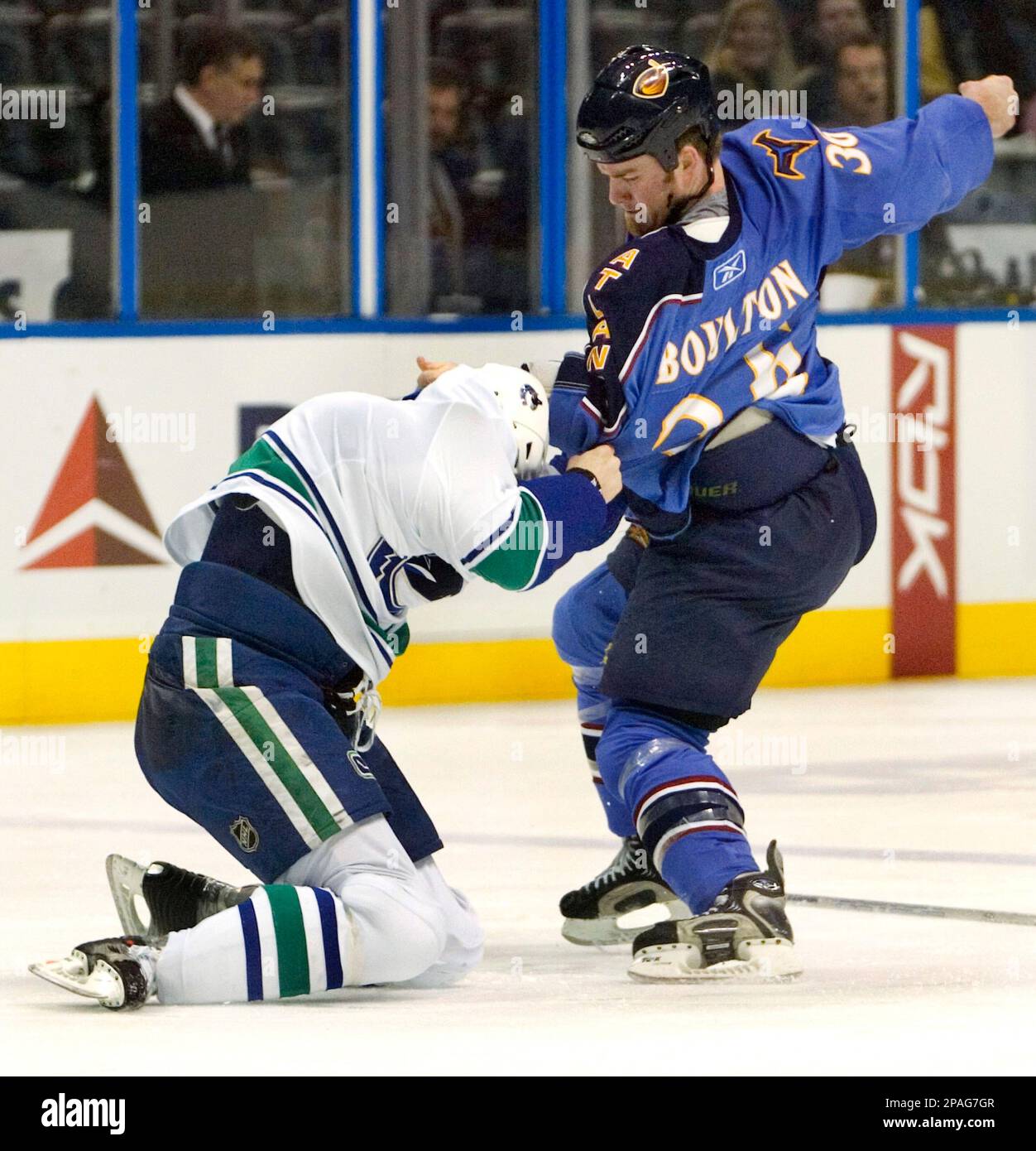 Atlanta Thrashers Eric Boulton, right, fights with Vancouver Canucks Jeff  Cowan during the first period of their NHL hockey game at Philips Arena on  Thursday, Feb. 7, 2008 in Atlanta. (AP Photo/Erik