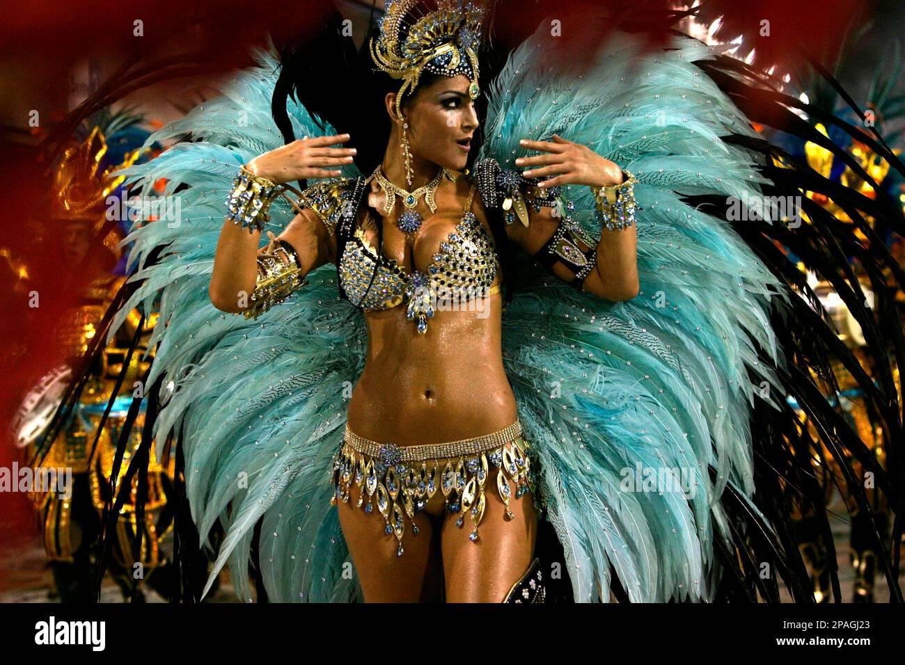 Miss Brazil 2007 Natalia Guimaraes, from the Vila Isabel samba school, parades during carnival celebrations at the Sambadrome in Rio de Janeiro, Tuesday, Feb. 5, 2008. (AP Photo/Dado Galdieri) Stock Photo