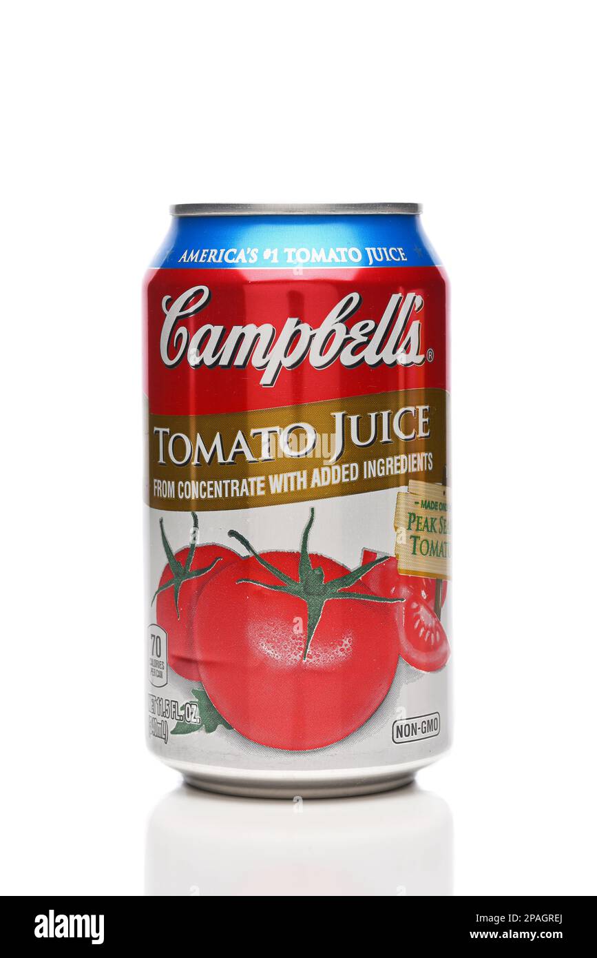 IRVINE, CALIFORNIA - 11 MAR 2023: A can of Campbells Tomato Juice, from concentrate with added ingredients. Stock Photo
