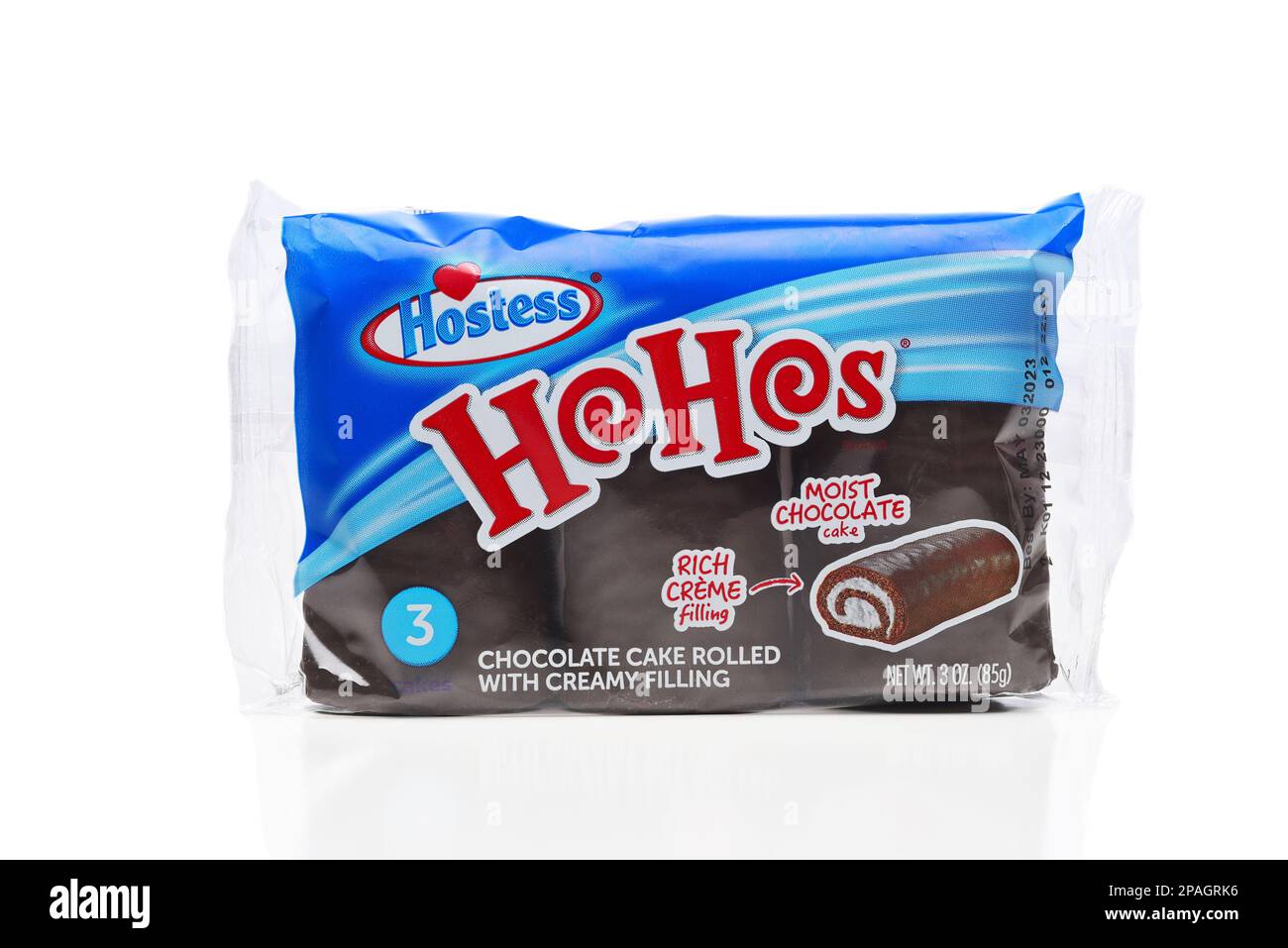 IRVINE, CALIFORNIA - 11 MAR 2023: A package of Hostess Ho Hos, a chocolate cake rolled with rich Creme Filling. Stock Photo