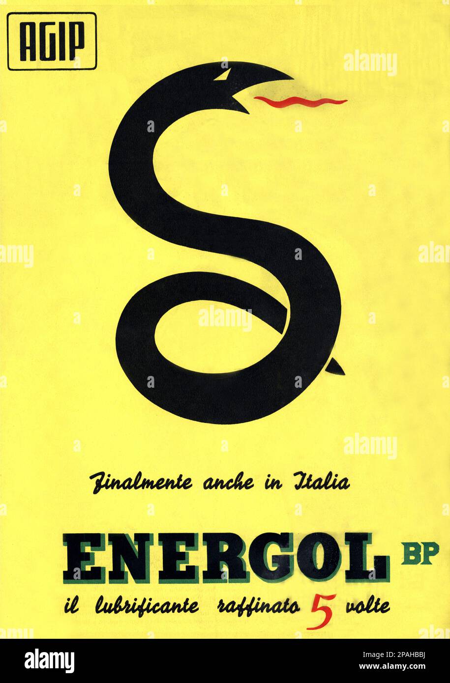 1954 . Advertising poster by AGIP  Energol ( B P - British Petroleum ) Lubrificant . - ENRICO MATTEI - PUBBLICITA' - foto storiche - foto storica - PETROLIO - INDUSTRIA PETROLIFERA  - ANNI CINQUANTA - 50's - '50 ---- Archivio GBB Stock Photo