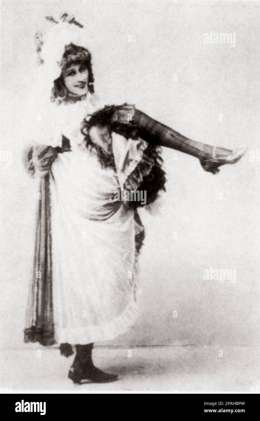 1890 ca, Paris , FRANCE  : The french can-can dancer JANE AVRIL  ( born Jeanne Beaudon , 1868 – 1943 ) at MOULIN ROUGE  , portraied  by celebrated french painter  Henry de TOULOUSE - LAUTREC ( Albi 1864 - Malrome' , Gironde 1901 ) - CAN CAN - ballerina - balletto - ballerine - DANCE  - FOTO STORICHE - HISTORY - ARTS - ARTE - PITTURA  - PITTORE - portrait - ritratto - BELLE EPOQUE - PARIGI - gambe - leggy pose - TABARIN - NIGHT CLUB  ---- Archivio GBB Stock Photo