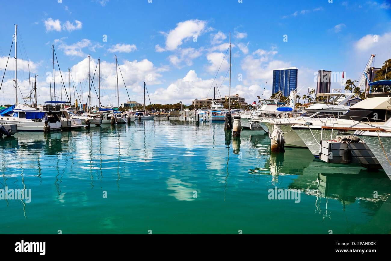 Boat Harbor with skyline view of Honolulu, Hawaii in the background