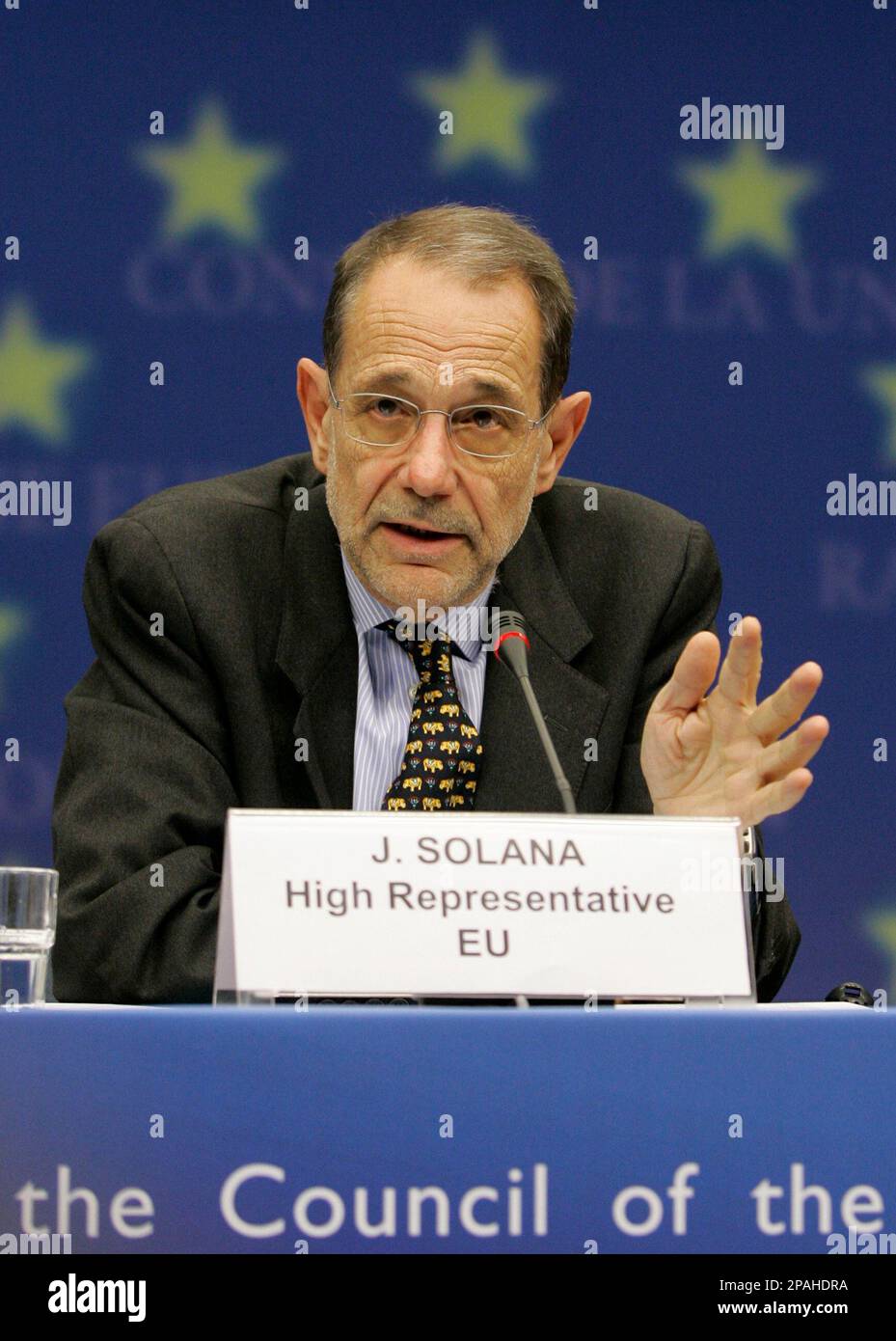 EU foreign policy chief Javier Solana addresses the media at the end of the  EU foreign ministers council in Brussels, Monday, Jan.28, 2008. European  Union nations agreed Monday to offer Serbia a
