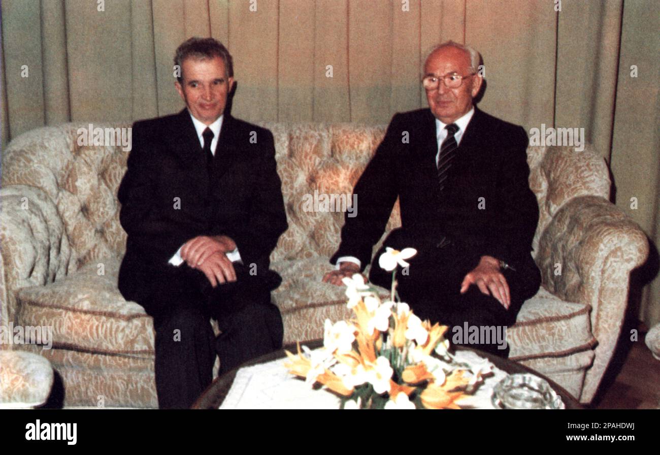 The Romania politician  and dictator NICOLAE CEAUSESCU ( January 26, 1918 – December 25, 1989 ) with the Slovak politician communist leader GUSTAV HUSAK ( 1913 - 1991 ). Husak was president of Czechoslovakia and a long-term Communist leader of Czechoslovakia and of the Communist Party of Czechoslovakia in the 1970s and 1980s , is rule is known as the period of Normalization. Ceausescu was the leader of Romania from 1965 until December 1989, when a revolution and coup removed him from power. The revolutionaries held a two hour trial and sentenced him to death for crimes against the state, genoc Stock Photo