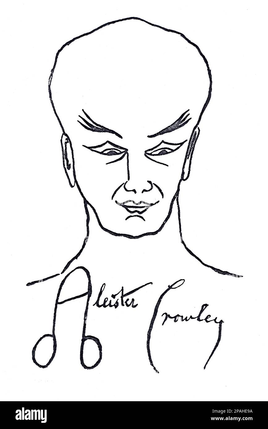 The british satanist, occultist,  philosopher , mystic , poet , traveller and writer  ALEISTER CROWLEY  ( born Edward Alexander Crowley , 1875 – 1947 ), Self-portrait with phallic autograph   - AUTOGRAFO - FIRMA - SIGNATURE - SCRITTORE - LETTERATURA - LITERATURE - letterato - POETA - POESIA - POETRY  - SATANISTA - SATANISMO - OCCULTISMO - OCCULTISTA - OCCULTO - ECCENTRICO - EXCENTRIC  - portrait - ritratto - autoritratto - PARANORMALE -  TEOSOFIA - THEOSOPHY  ---- Archivio GBB Stock Photo
