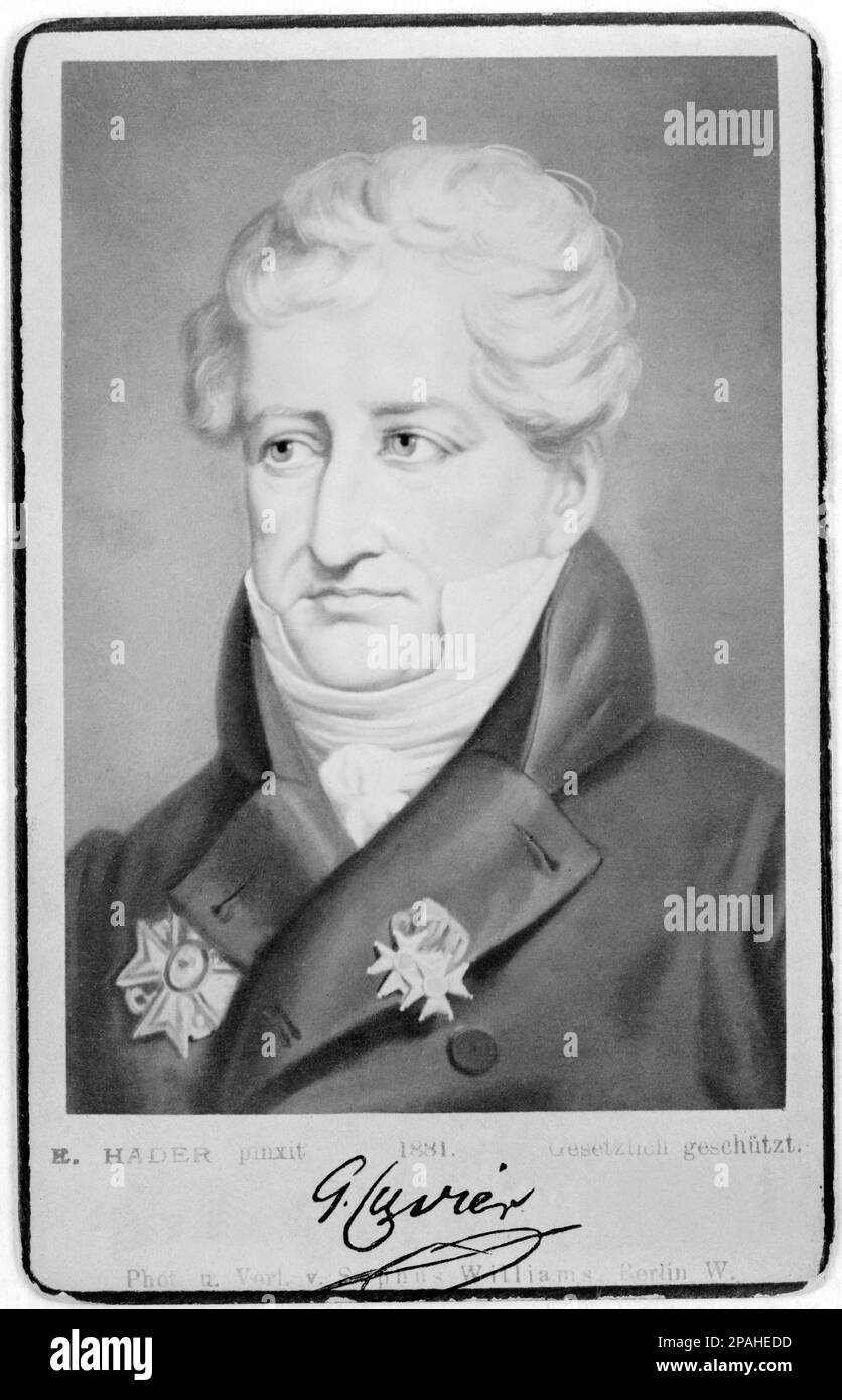 Baron Georges Leopold Chretien Frederic Dagobert CUVIER  ( 1769 – 1832 ) , was a French naturalist and zoologist. He was the elder brother of Frederic Cuvier (1773–1838), also a naturalist. He was a major figure in scientific circles in Paris during the early 19th century, and was instrumental in establishing the fields of comparative anatomy and paleontology by comparing living animals with fossils. He is well known for establishing that extinction was a fact, being the most influential proponent of catastrophism in geology in the early 19th century, and opposing early evolutionary theories. Stock Photo