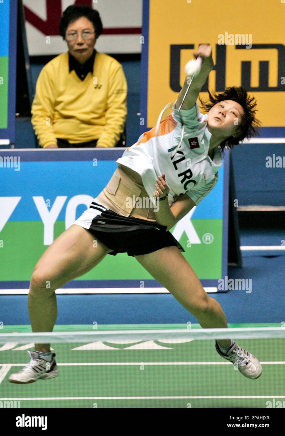 Hong Kongs Mi Zhou returns a shot to Chinas Lan Lu during their womens singles final match at the Korea Open Badminton in Seoul, Sunday, Jan