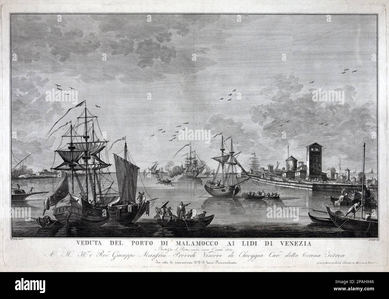 1780 ca , VENEZIA ,  ITALY :  Veduta del porto de Malamocco ai lidi di Venezia , engraving by Francesco Tironi ( 1745 - 1797 )   - VENICE - LIDO DI VENEZIA - VENICE - LAGUNA -  ITALIA - FOTO STORICHE - HISTORY - GEOGRAFIA - GEOGRAPHY  - incisione - nave - boat - navy - ship - vela - vele  - mare - sea - SERENISSIMA - STORIA - Repubblica  VENETA -    ---- Archivio GBB Stock Photo