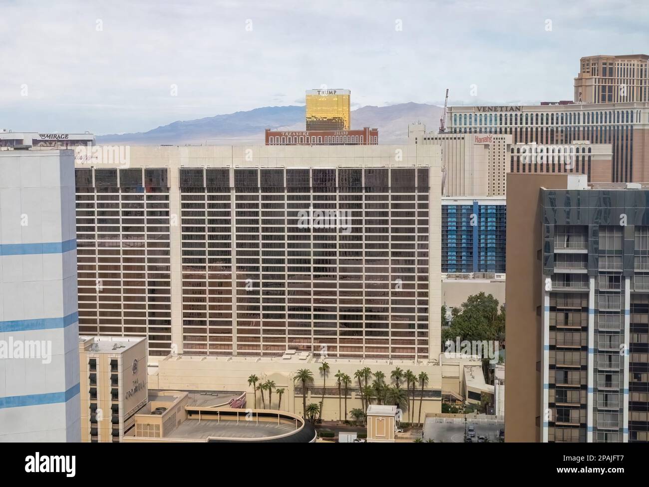 Resorts in Las Vegas as seen from the 28th Floor of the Paris Hotel; The Flamingo, The Mirage, Trump Tower, Treasure Island, Harrahs, and the Venetian Stock Photo