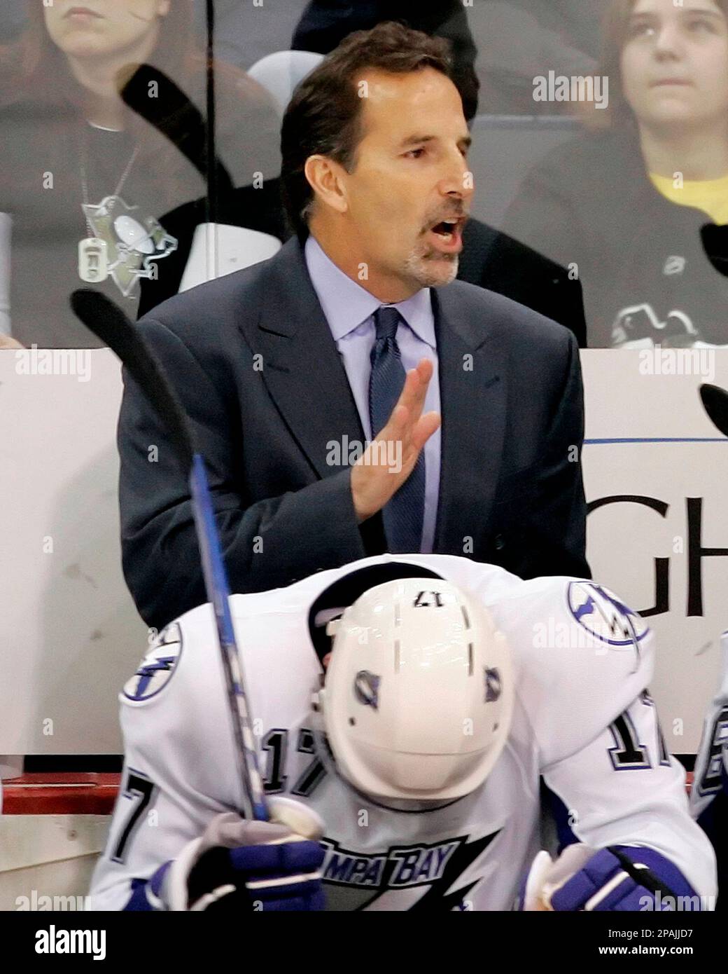 Tampa Bay Lightning coach John Tortorella talks to his players during a