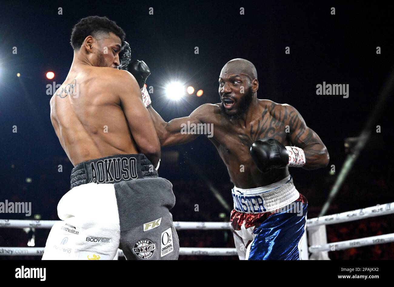 Yunieski Gonzalez of Cuba (R) strikes Paulo Aokuso of Australia during their vacant IBO inter Yunieski Gonzalez of Cuba (R) strikes Paulo Aokuso of Australia during their vacant IBO inter