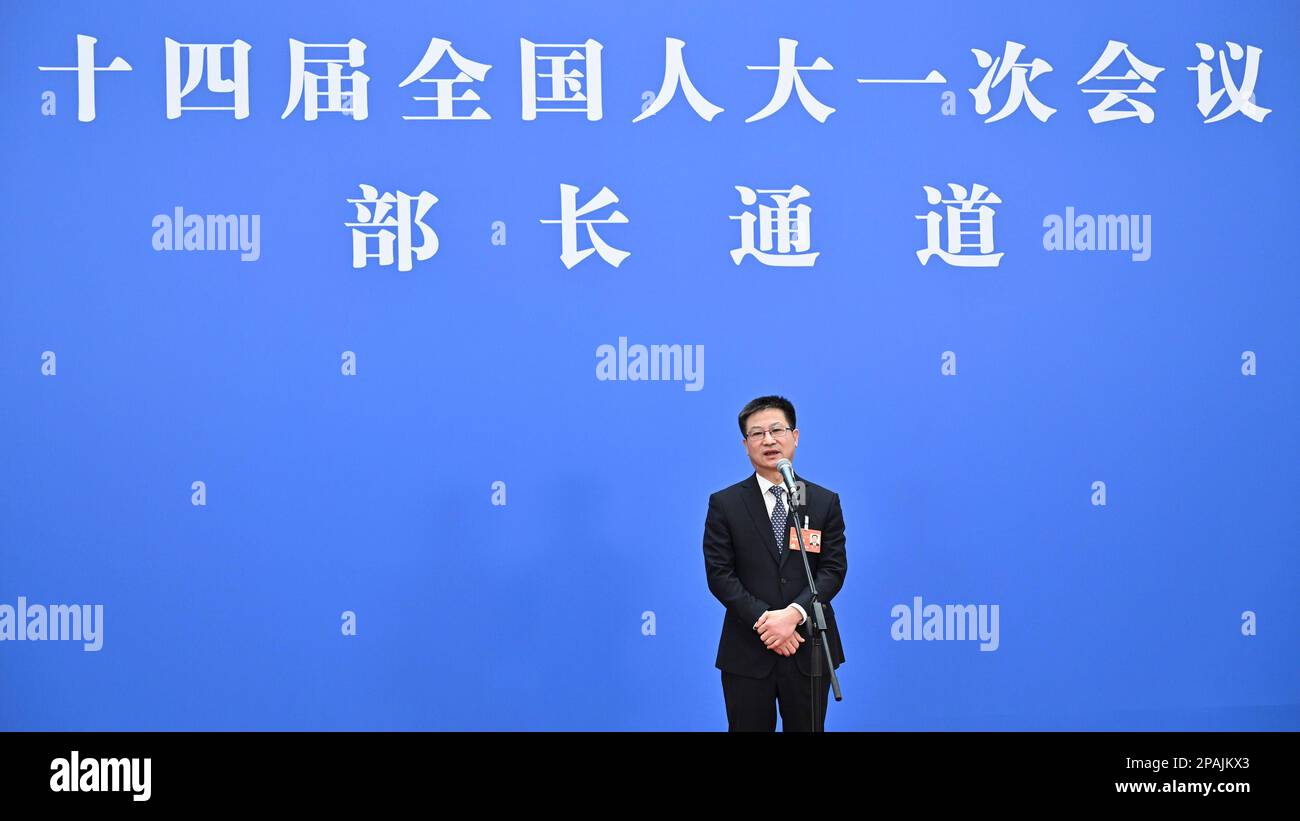 Beijing, China. 12th Mar, 2023. Head of the National Bureau of Statistics Kang Yi gives an interview after the fifth plenary meeting of the first session of the 14th National People's Congress (NPC) in Beijing, capital of China, March 12, 2023. Credit: Liu Jinhai/Xinhua/Alamy Live News Stock Photo