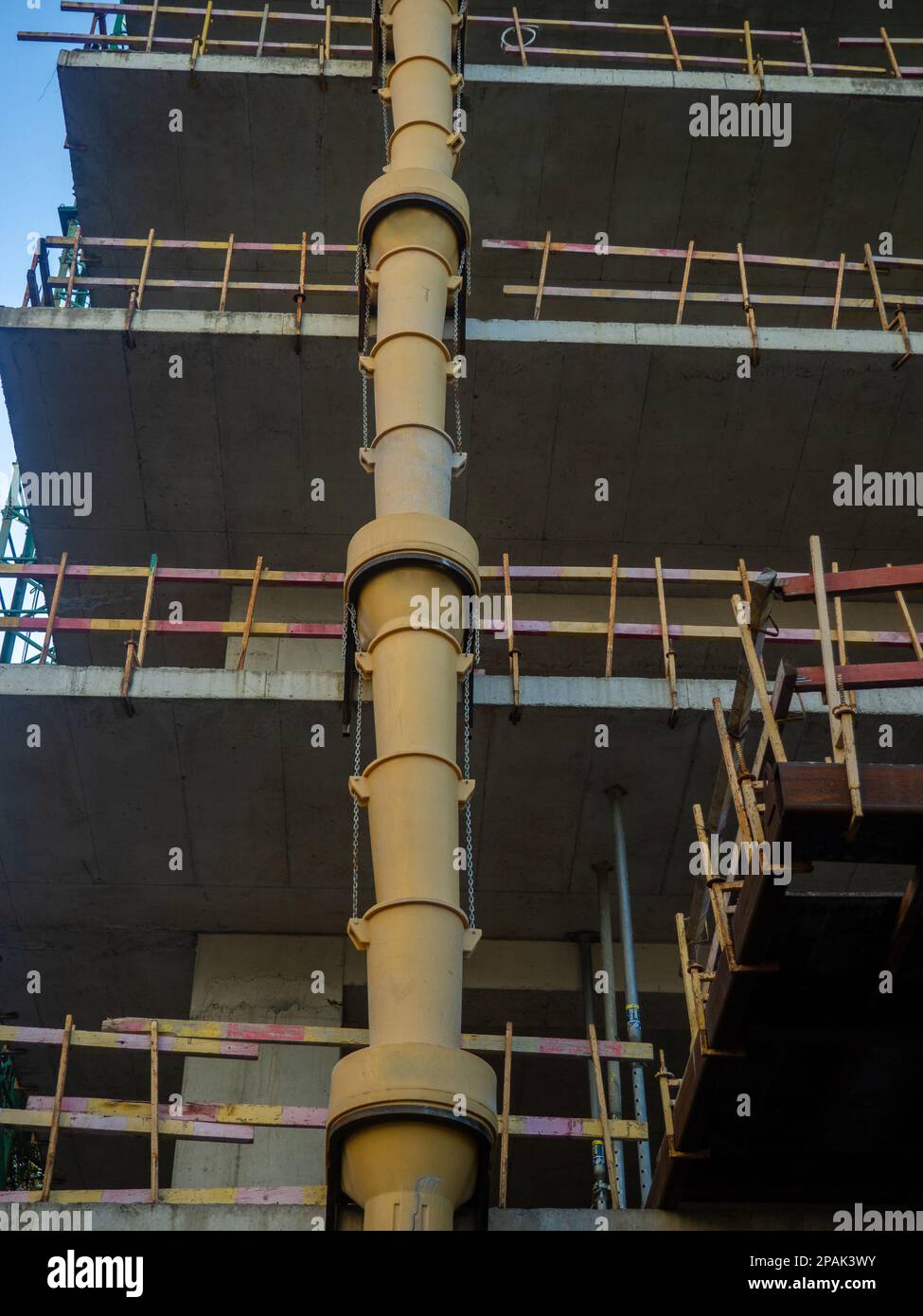 Construction of a high house. Down up. View from below. Frame of a