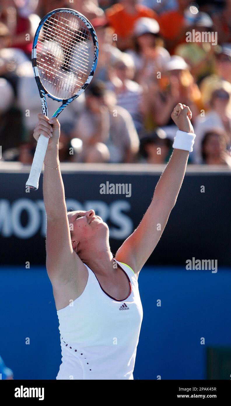 Sweden's Sofia Arvidsson celebrates after beating Marion Bartoli of France in their first round Women's Singles match at the Australian Open tennis championships in Melbourne, Australia, Tuesday, Jan. 15, 2008. (AP Photo/Andrew Brownbill) Stock Photo