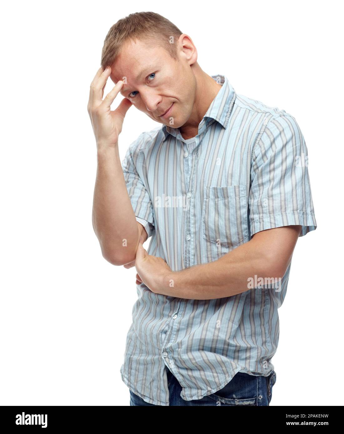Confidence grows with age. A cropped portrait of a stressed middle-aged man isolated on white. Stock Photo