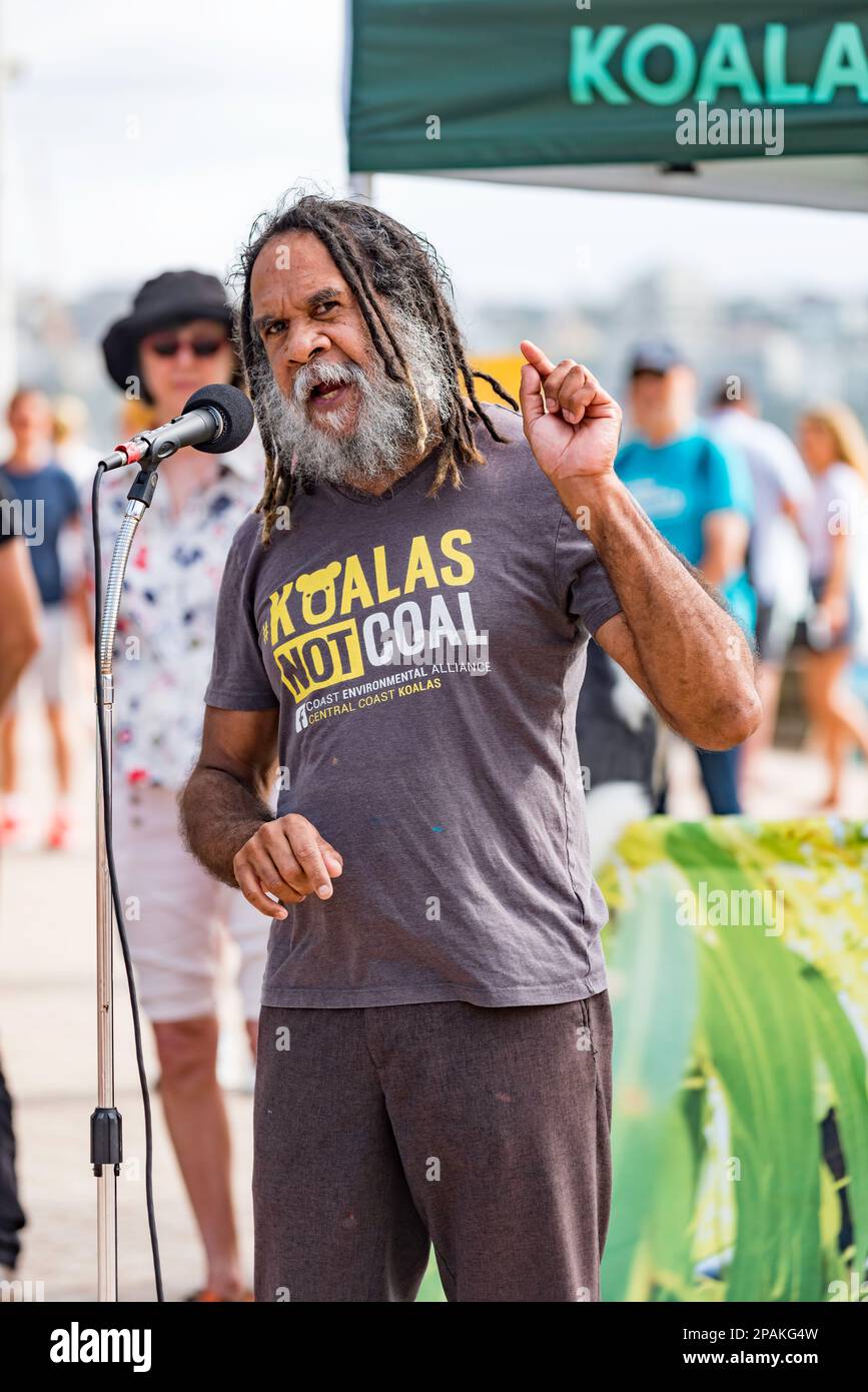 Bruce Shillingsworth Jnr, a Muruwarri/Budjiti descendant from Brewarrina in north west New South Wales, speaking about the the connection for Indigenous people of the Koala and their culture, at a protest meeting at Manly Beach to save the Koalas in New South Wales. The event was organised by members of the Bob Brown Foundation. Speakers at the meeting called for an end to native forests logging and the creation of a Koala national park on the north coast. Credit: Stephen Dwyer / Alamy Live News Stock Photo
