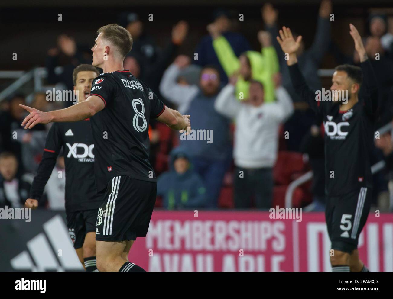 WASHINGTON, DC, USA - 11 MARCH 2023: DC United midfielder Chris Durkin (8) after scoring after scoring during a MLS match between D.C United and Orlando City SC, on  March 11, 2023, at Audi Field, in Washington, DC. (Photo by Tony Quinn-Alamy Live News) Stock Photo