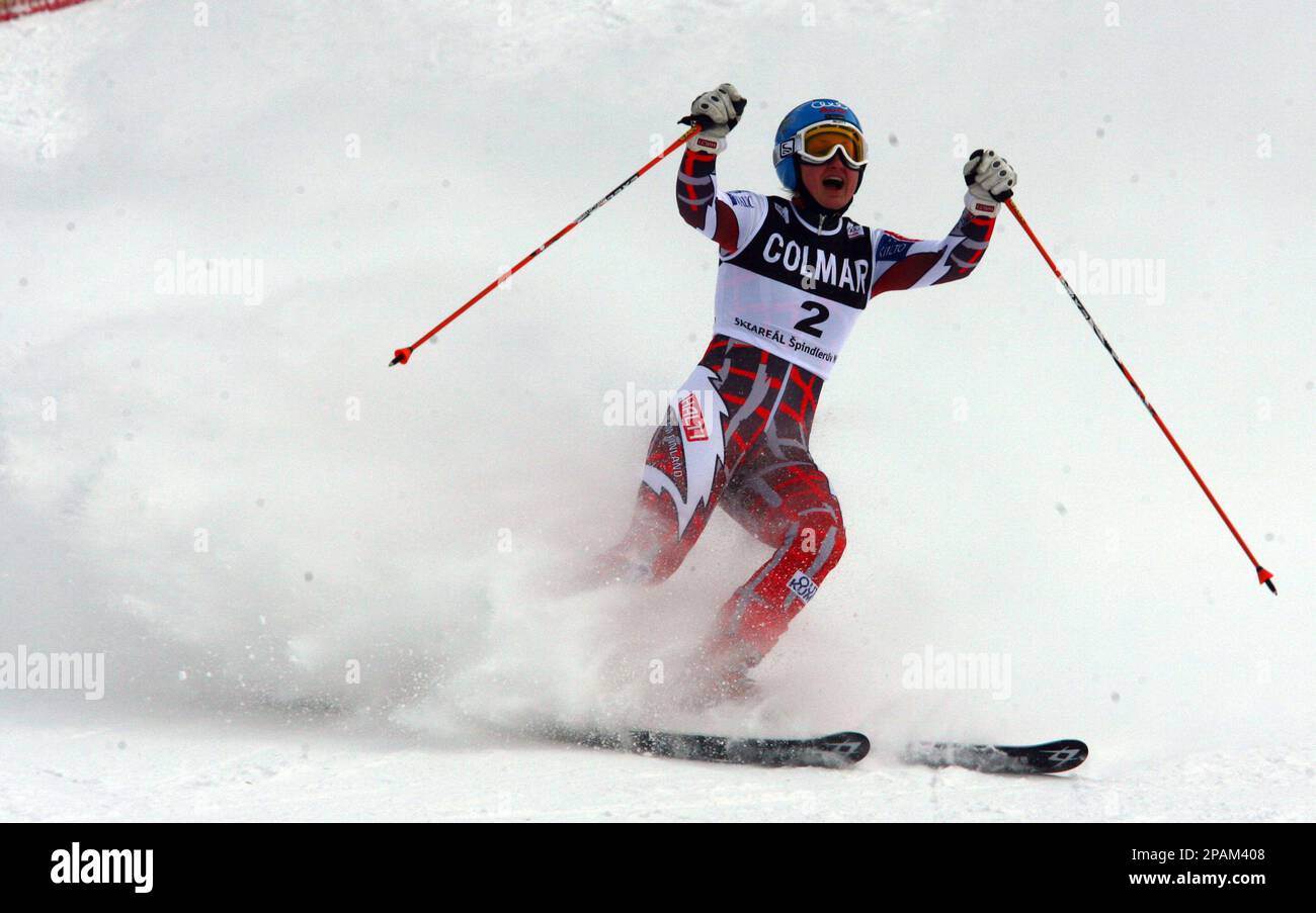 Tanja Poutiainen, of Finland, celebrates at finish line after taking second  place in a women's alpine ski world cup giant slalom race, in Spindleruv  Mlyn , Czech Republic, Saturday, Jan. 5, 2008. (