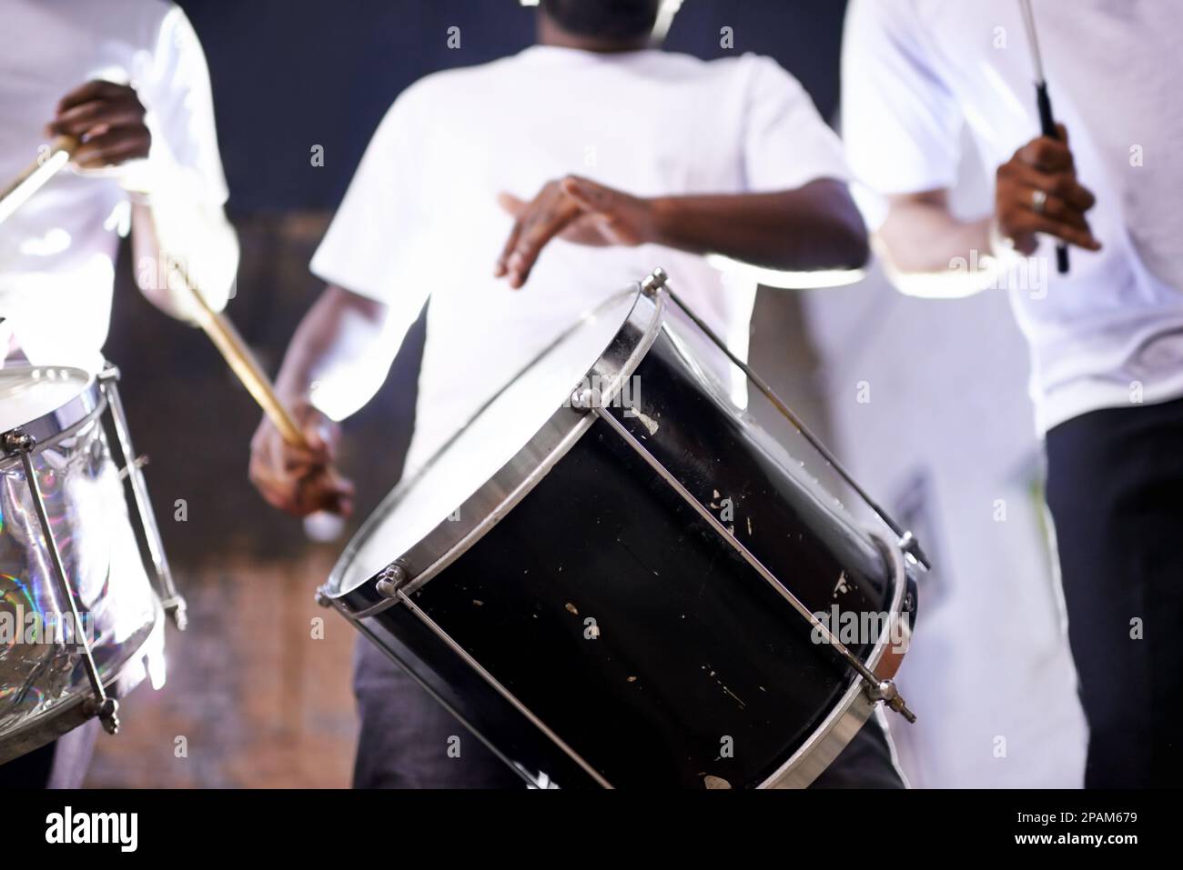 Feeling the rhythm in the drums. a group of dummers. Stock Photo