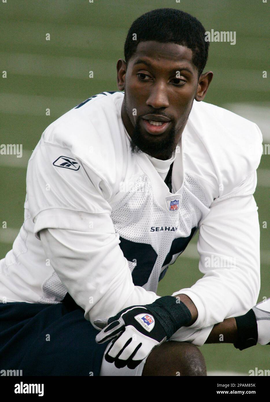 Seattle Seahawks cornerback Marcus Trufant stretches prior to drills  Thursday, Jan. 3, 2008, in Kirkland, Wash. Trufant, who was named to his  first Pro Bowl this season, will be a key player