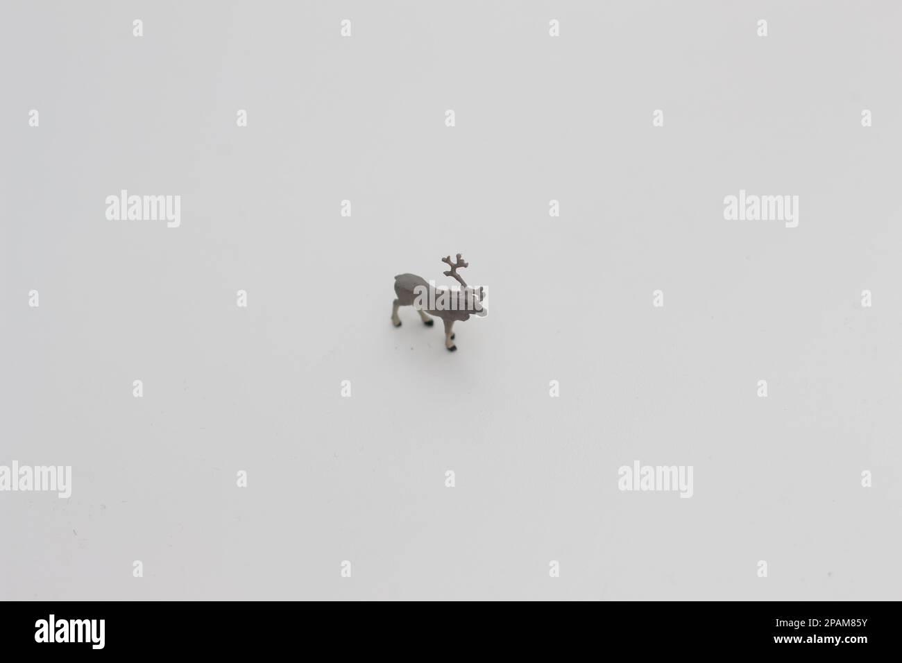 a close up of a miniature figure of a moose isolated on a white background. Miniature figure photo concept. Stock Photo