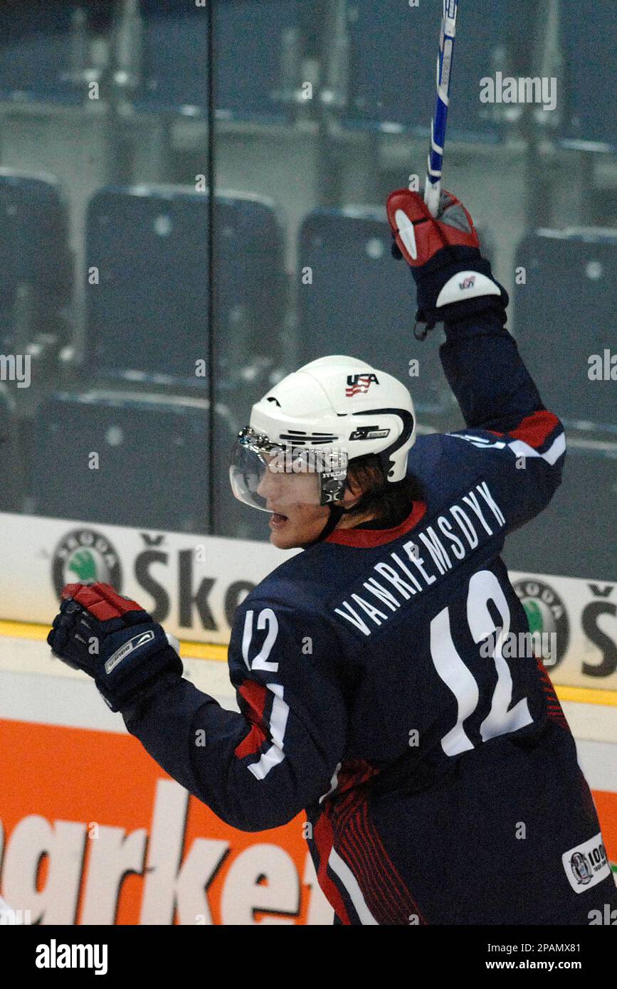 James van Riemsdyk of U.S. celebrates his goal during the ice hockey IIHF World U20 Championship, Group B match in Liberec, the Czech Republic, on Wednesday, Dec