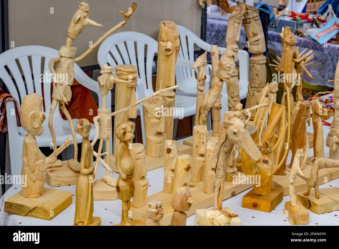 Obninsk, Russia - July 2018: Celebration of the City Day. Arts and crafts fair. Unusual wood products Stock Photo
