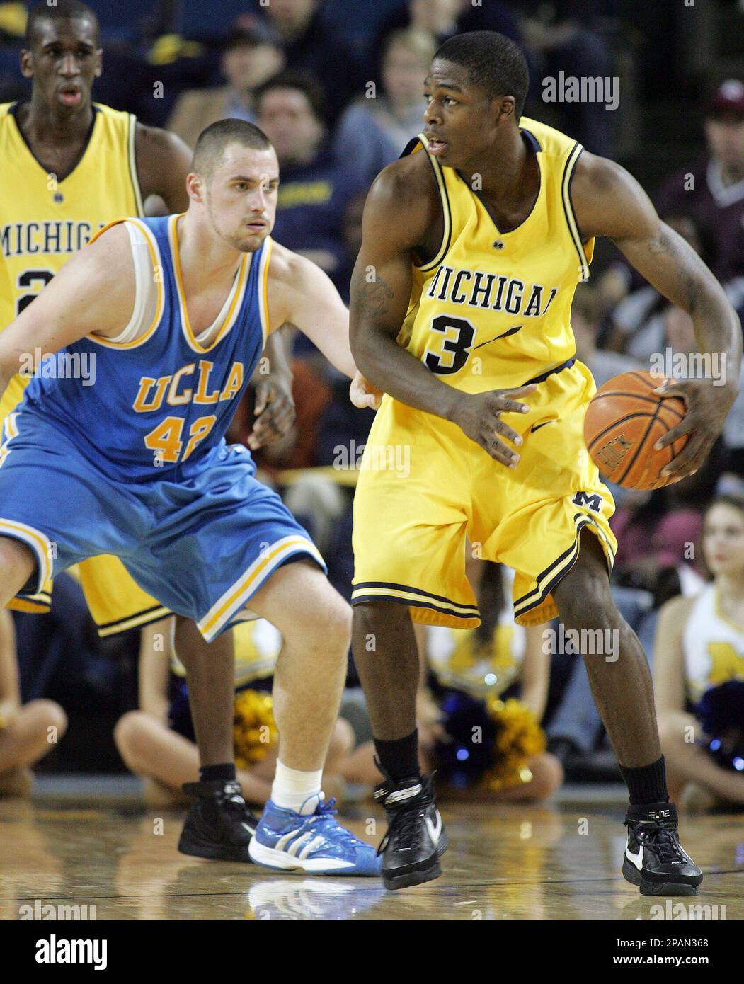 UCLA center Kevin Love (42) reacts after drawing a foul in the first half  of a college basketball game with Michigan, Saturday, Dec. 22, 2007, in Ann  Arbor, Mich. (AP Photo/Tony Ding