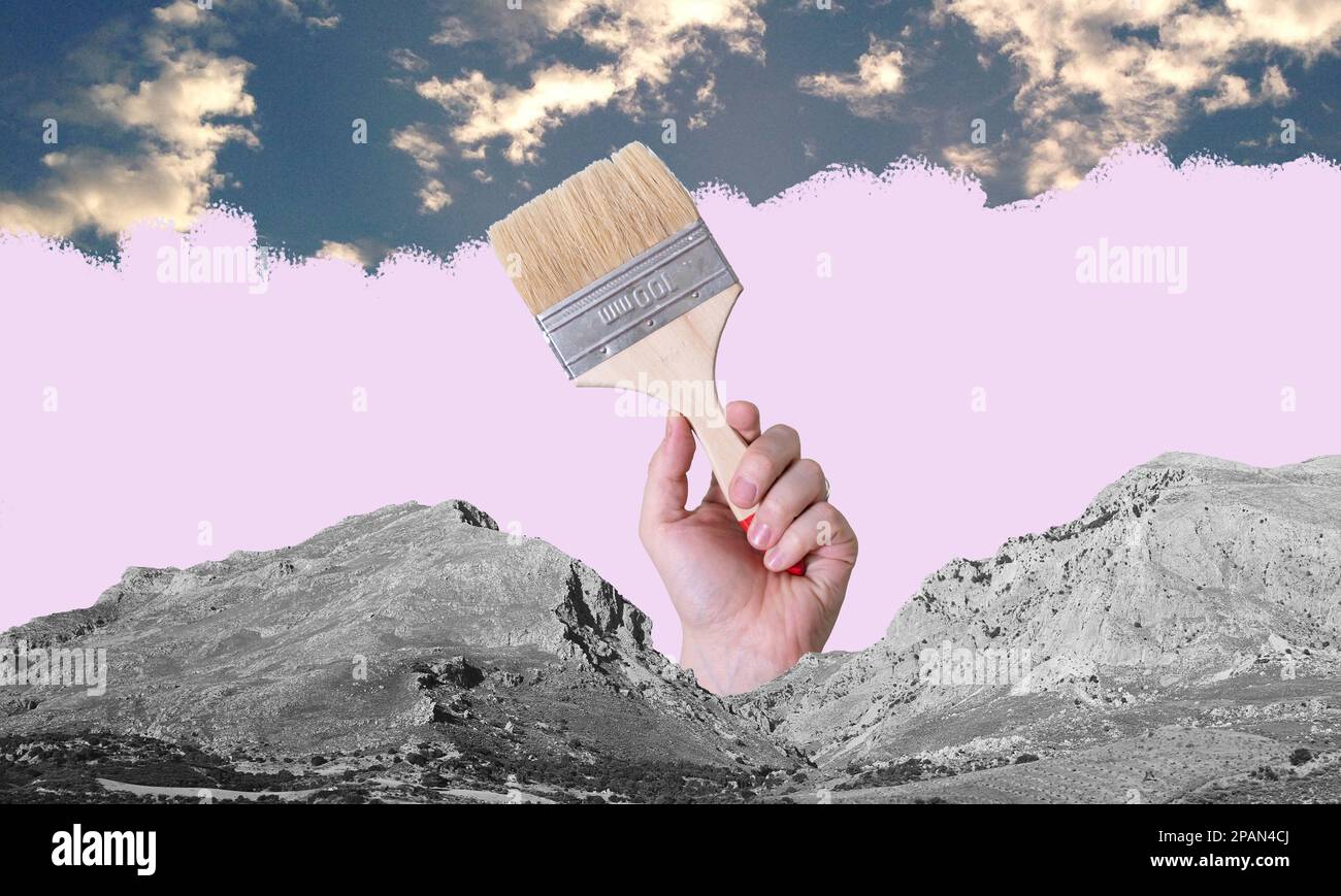 Art collage, background with the sky against the mountains, painted by