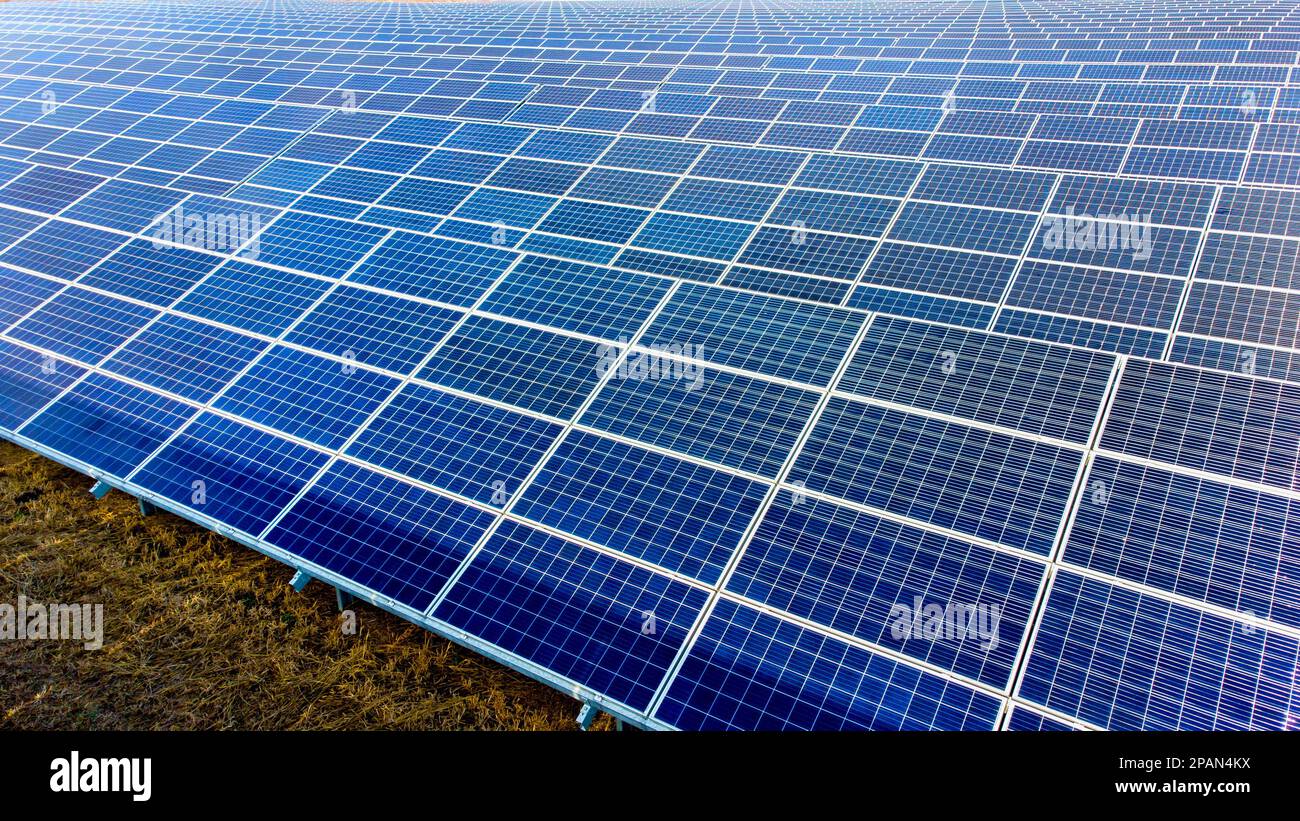 Aerial drone view flight over solar power station panels. Aerial top ...