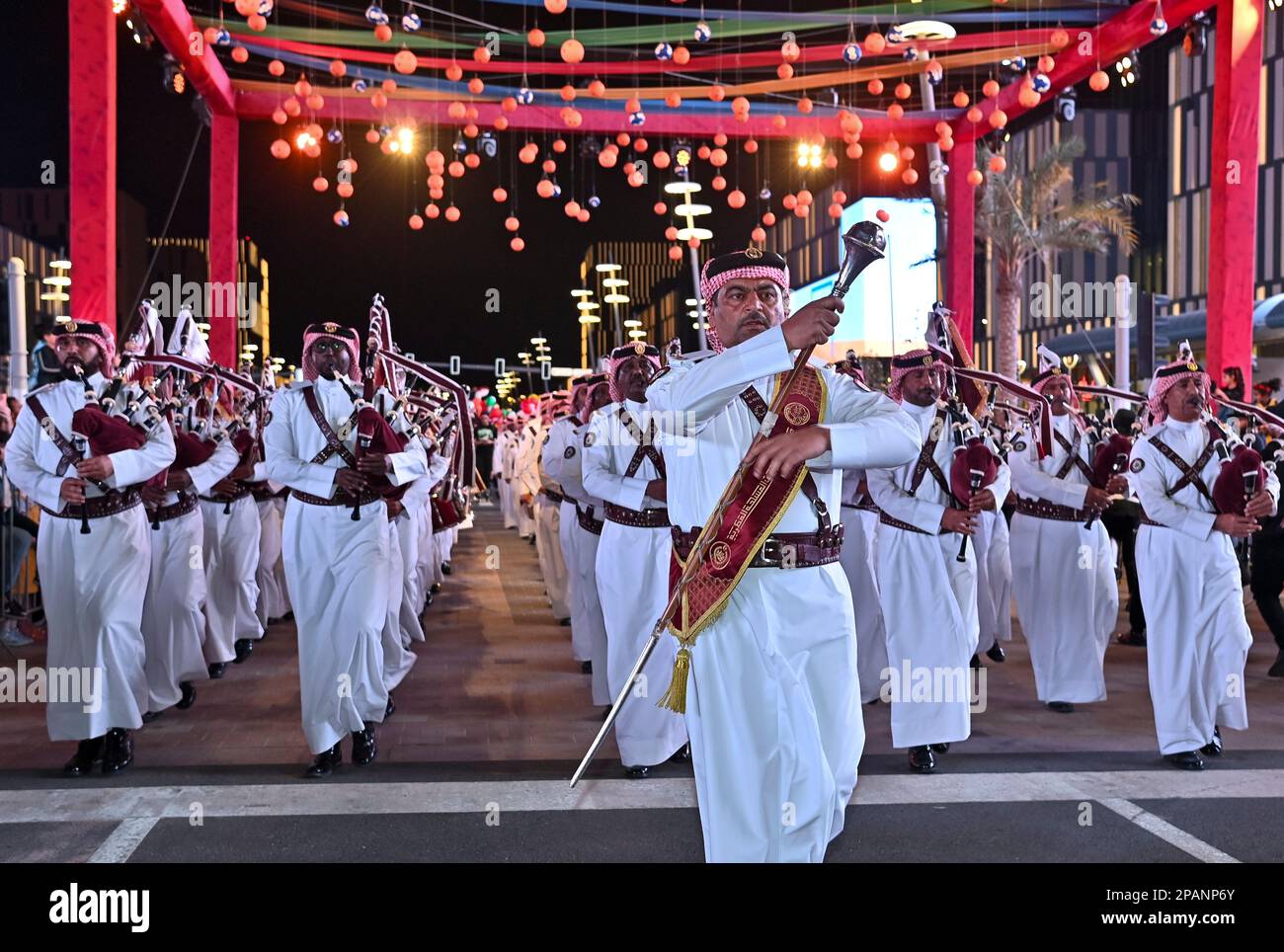 Doha, Qatar. 11th Mar, 2023. Qatari marching band performing during perform global street art performances as part of the Darb Lusail Parade on the final day at Lusail Boulevard in Lusail City, Doha-Qatar on 11 March 2023. (Photo by Noushad Thekkayil/NurPhoto) Credit: NurPhoto SRL/Alamy Live News Stock Photo