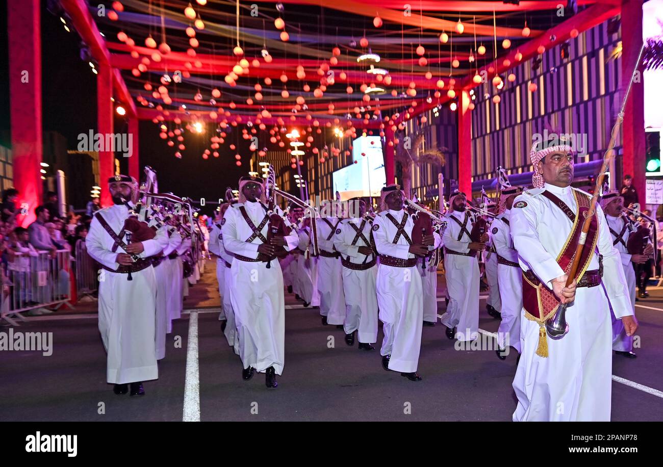 Doha, Qatar. 11th Mar, 2023. Qatari marching band performing during perform global street art performances as part of the Darb Lusail Parade on the final day at Lusail Boulevard in Lusail City, Doha-Qatar on 11 March 2023. (Photo by Noushad Thekkayil/NurPhoto) Credit: NurPhoto SRL/Alamy Live News Stock Photo